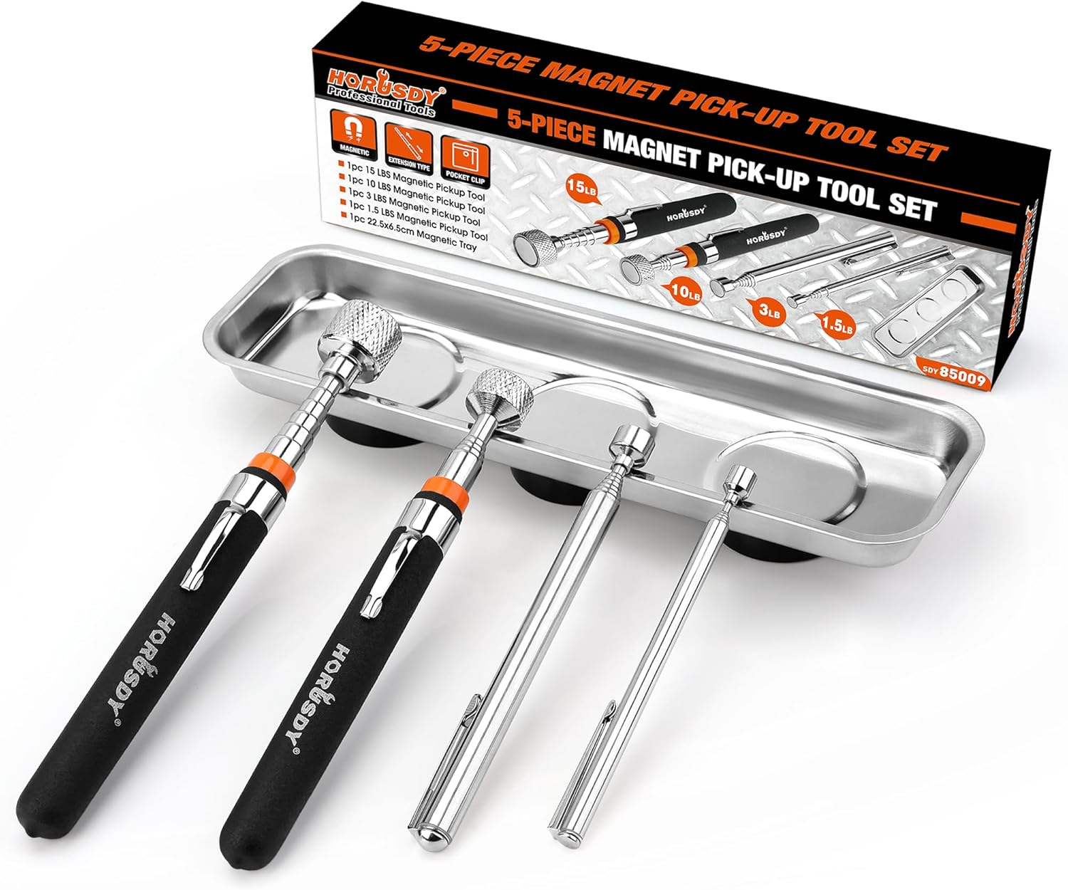 HORUSDY 5-Piece Magnetic Pickup Tools Set, Includes 15LB, 10LB, 3LB, 1.5LB Magnet Sticks, Rust-Proof Magnetic Tray, Telescoping Design for Mechanics, Automotive, DIY, Gifts for Men, Dad image number 4