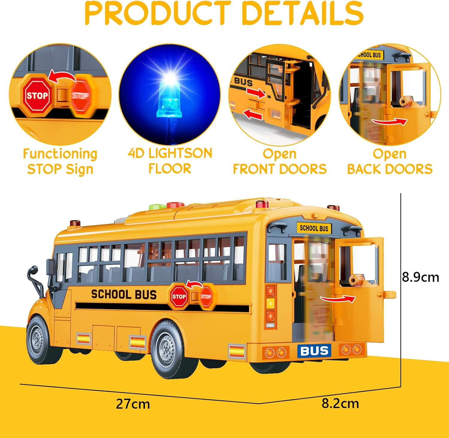 Yellow School Bus Toys for Toddlers with 4 Different Flashing Lights & Sound, Back and Side Doors Open Friction-Powered Wheels Light up Toy Buses Birthday Gift 3 4 Year Old and up Girl Boy Toys image number 3