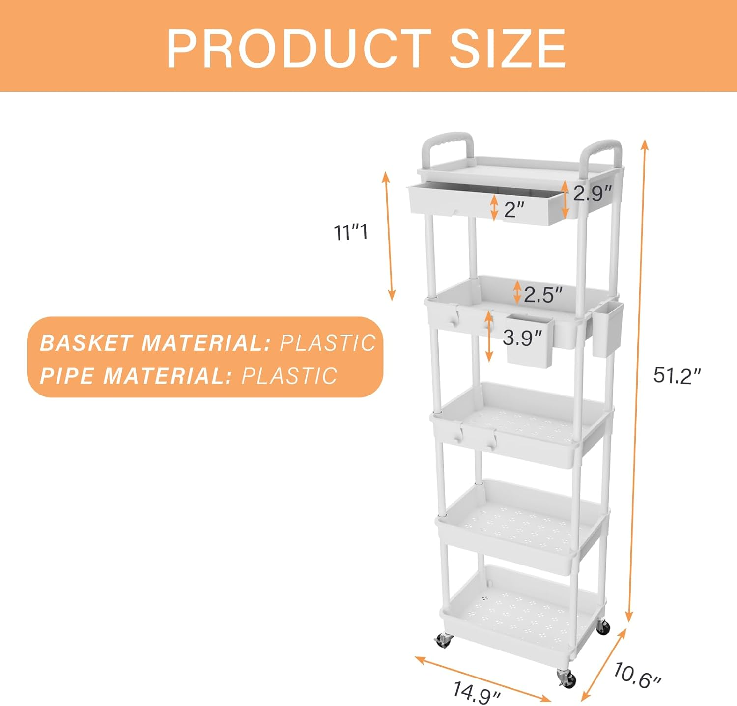 5 Tier Rolling Utility Cart with Drawer,Rebecat Utility Cart Made of Multifunctional Storage Organizer Tool for Kitchen,Bathroom,Living Room,Office(White) image number 1