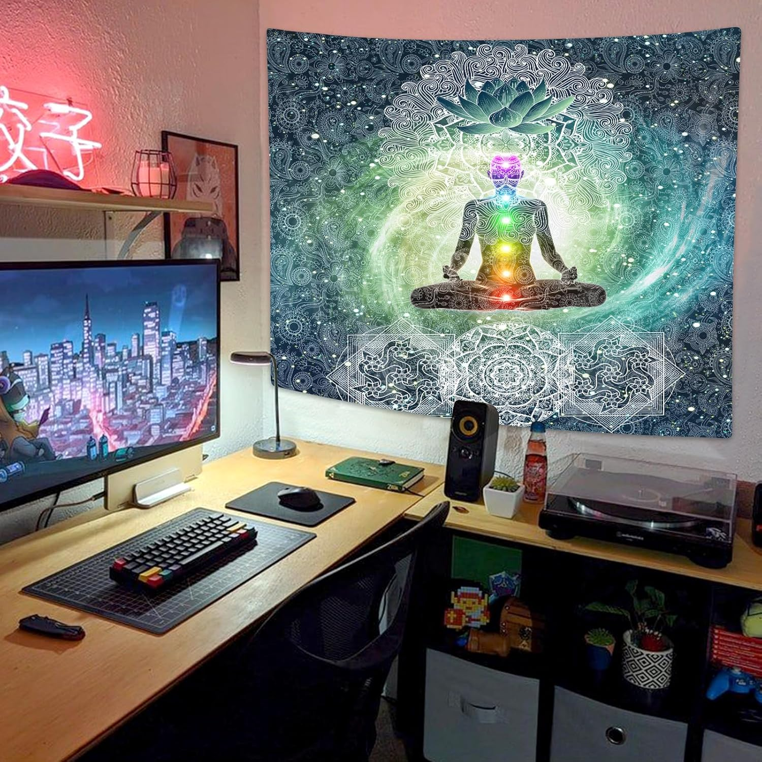 Meditation Tapestry, Yoga Decor Small Tapestry Wall Hanging for Bedroom, Lotus Tapestries Poster Beach Blanket College Dorm Home (60W X 40H)