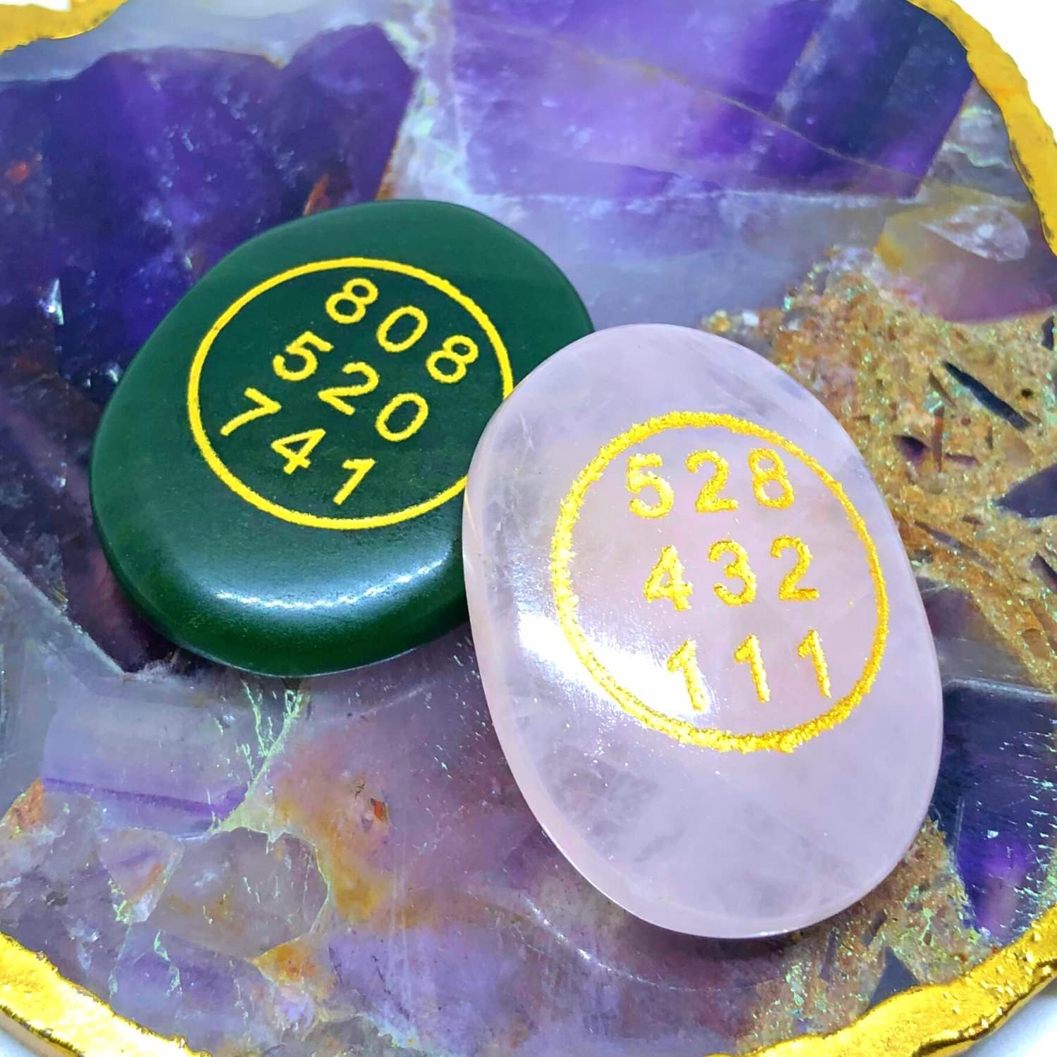 Combo of Green Jade and Rose Quartz Stone Zibu Coin - Pre-Energized Money Switch Word and Zibu Symbol Angelic Number Oval Stones Coin - Golden Engraving - Anxiety Stone - Worry Stone - Palm Size image number 1