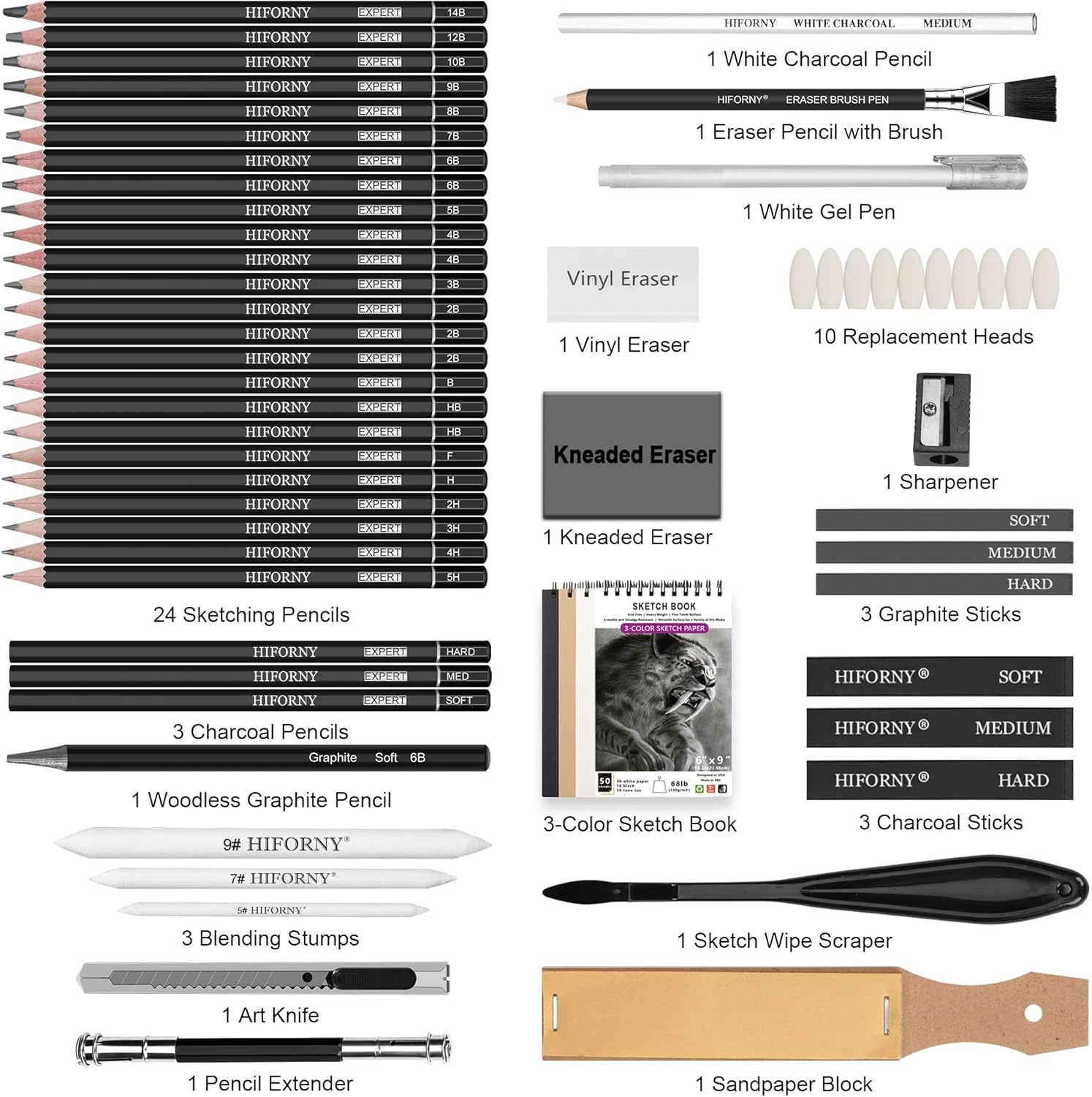 58 PCS Drawing Kit Sketching Pencil Set,Sketch Pencils Art Supplies with 3-Color Sketchbook,Graphite,Charcoal,Blending Tools,Drawing Pencils for Adults Artists image number 6