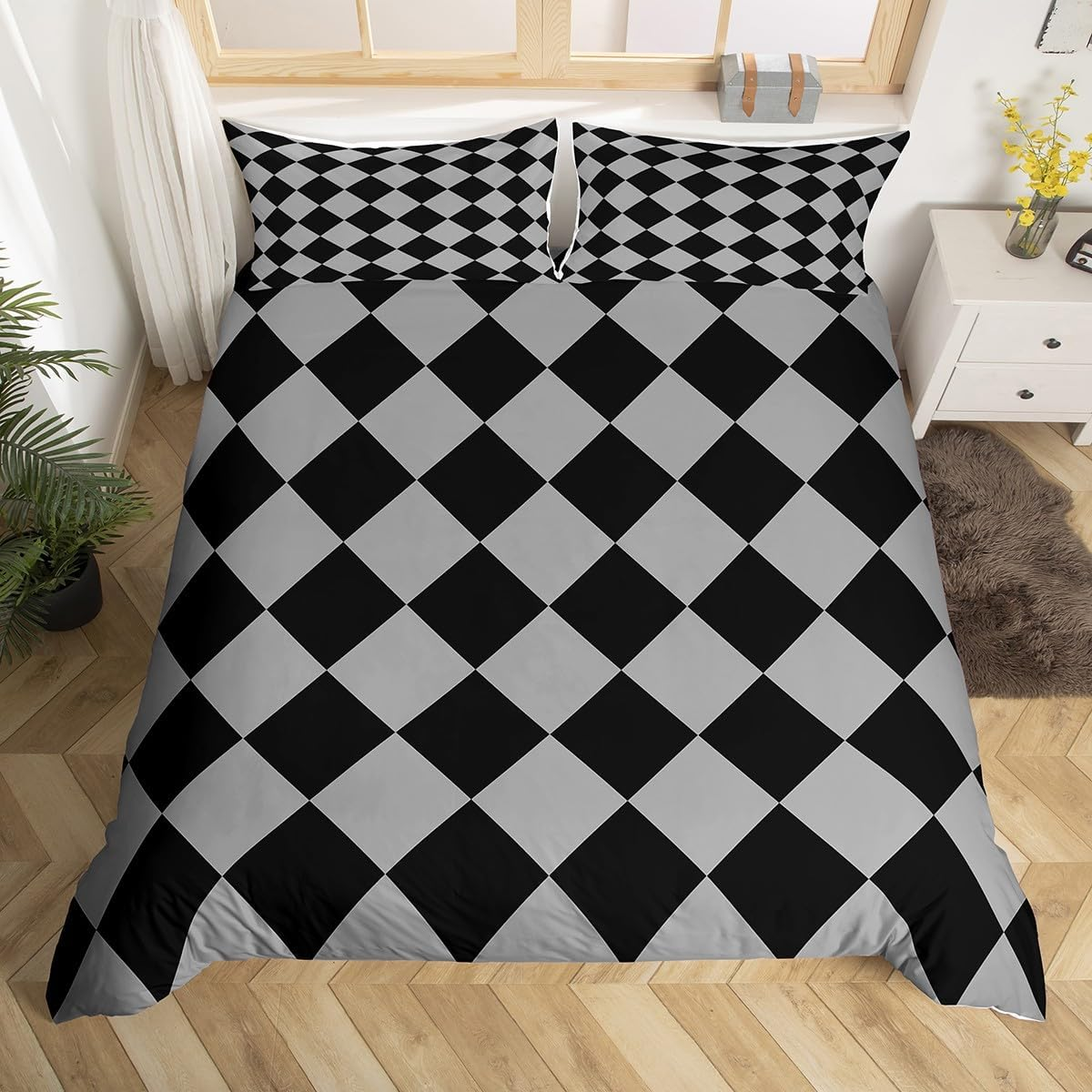 Homemissing Grey and Black Checkered Duvet Cover Set Single Size for Kids Boys Girls Diamond Grid Bedding Set Groovy Geometric Duvet Cover with 1 Pillowcase Neutral Aesthetic Plaid Bedding