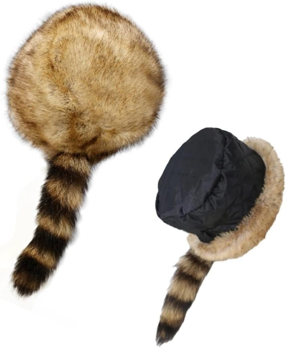Faux Fur Raccoon Tail Hat for Women Men, Faux Coonskin Cap with Tail Flat Top Winter Hat, Raccoon Tail, One Size image number 4