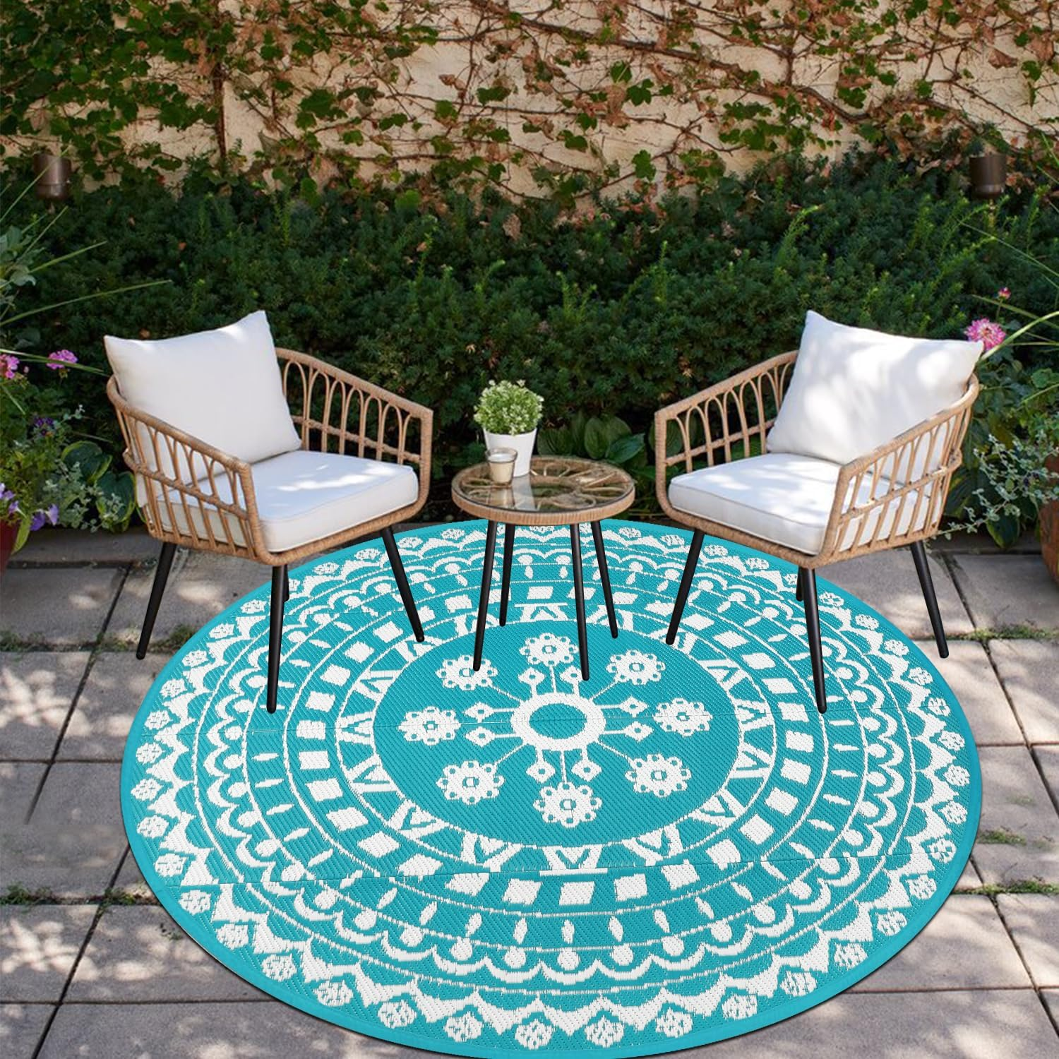 Capslpad round Outdoor Rug for Patio 150Cm Boho Reversible RV Mat Waterproof Outdoor Plastic Straw RV Camping Rug outside Circle Area Rug for Porch Deck Terrace Picnic Beach Apartment Pool Decor,Teal