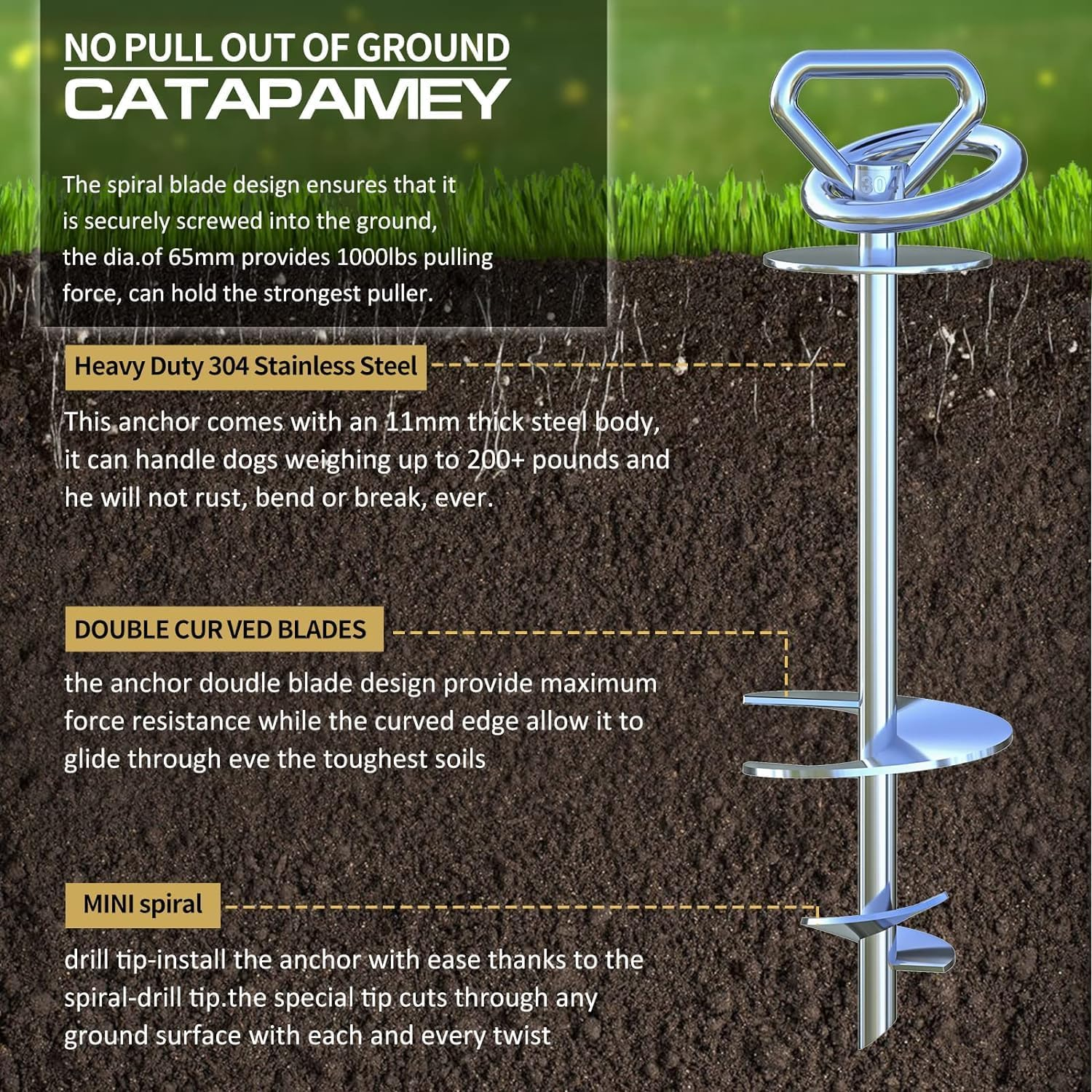 Dog Tie Out Cable and Stake,360&deg; Swivel Dog Yard Stake and Leash - Heavy Duty 304 Stainless Steel Dog Anchor-Holds 1 Large Dogs over 150LBS Easily-Dog Chain for Yard Outdoor Camping image number 2