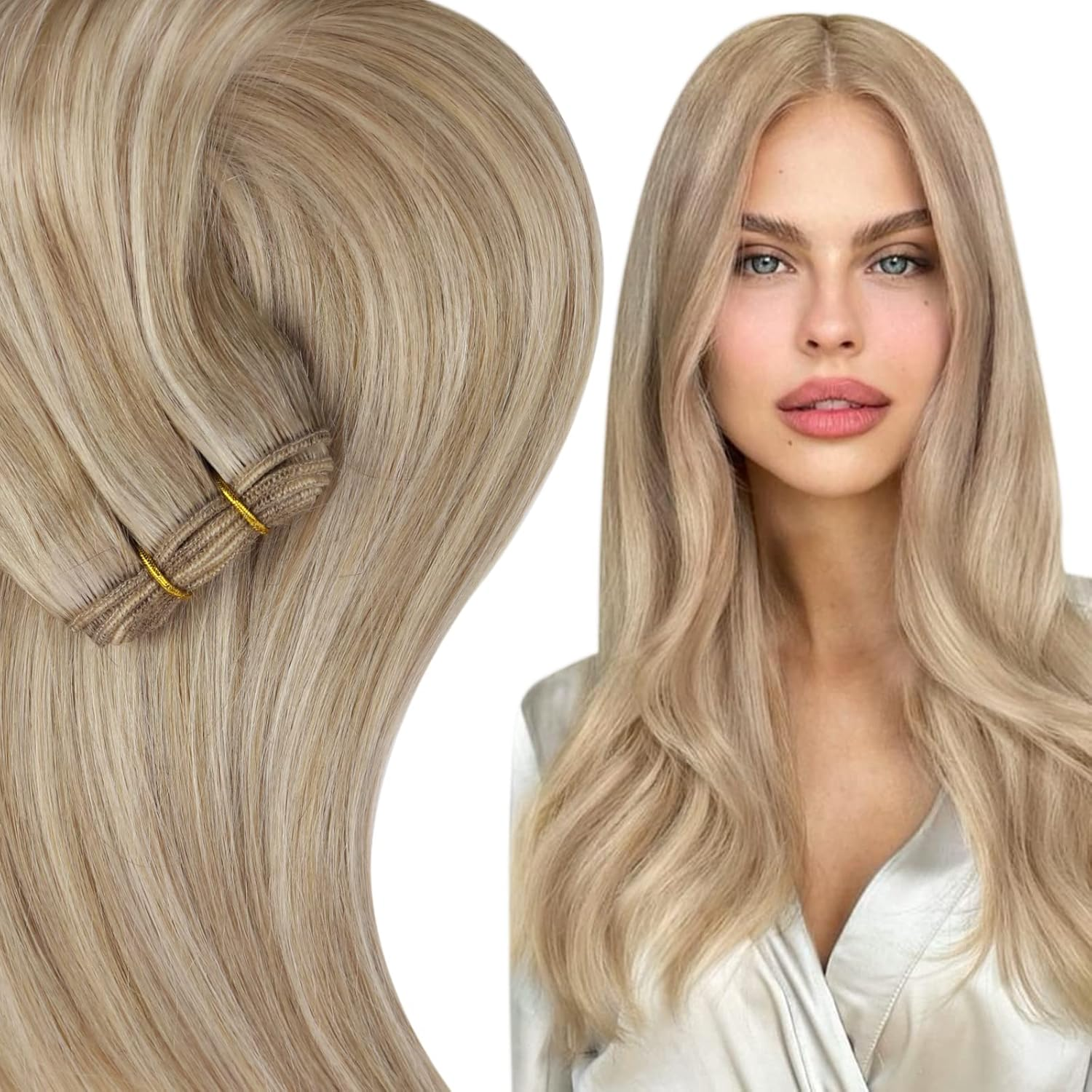 Full Shine Blonde Sew in Hair Extensions Real Human Hair Weft Hair Blonde Highlighted Remy Weft 105 Grams Sew in Straight Hair Bundles 16/22 Golden Blonde Mix Medium Blonde Thick 16 Inch