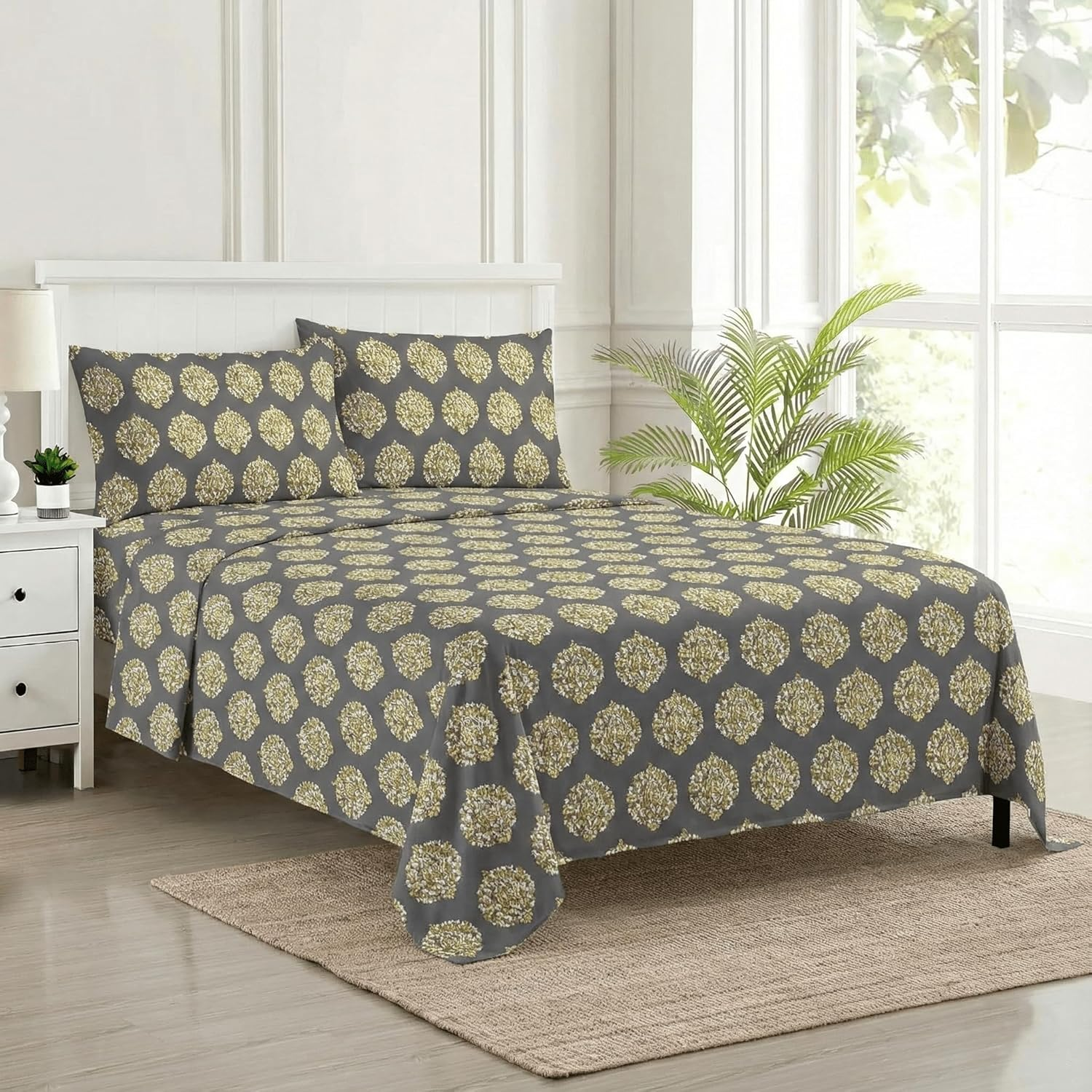 Trance Home Linen 200TC 100% Cotton Queen Size Printed Bedsheet | Bedding Set of Queen Size Flat Bed Cover with 2 Pillow Covers (86X104 Inch | 7.1Ft X 8.6Ft - Damask Warm Grey Mustard) image number 1