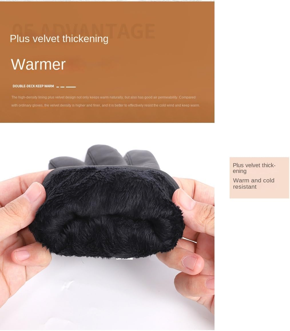 Women Leather Gloves Women'S Faux Sheepskin Winter Touchscreen, Windproof, Warm, Cold-Proof, Soft Fleece Lining, Ear Pom-Poms image number 5