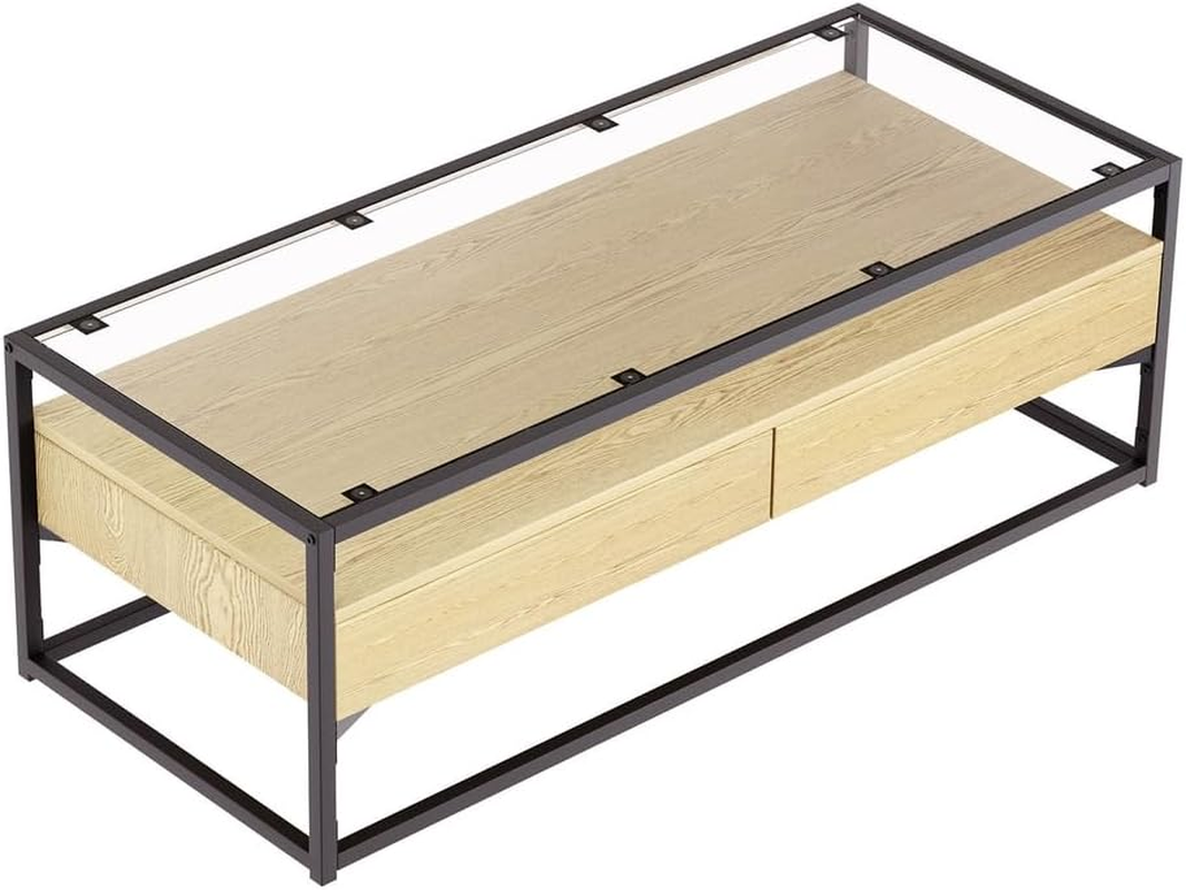 Artiss Coffee Table, Square End Tables 5MM Tempered Glass Tabletop for Home Furniture Living Room, Metal Frame Bedside Storage Modern Design with 2 Drawers Shelf Pine