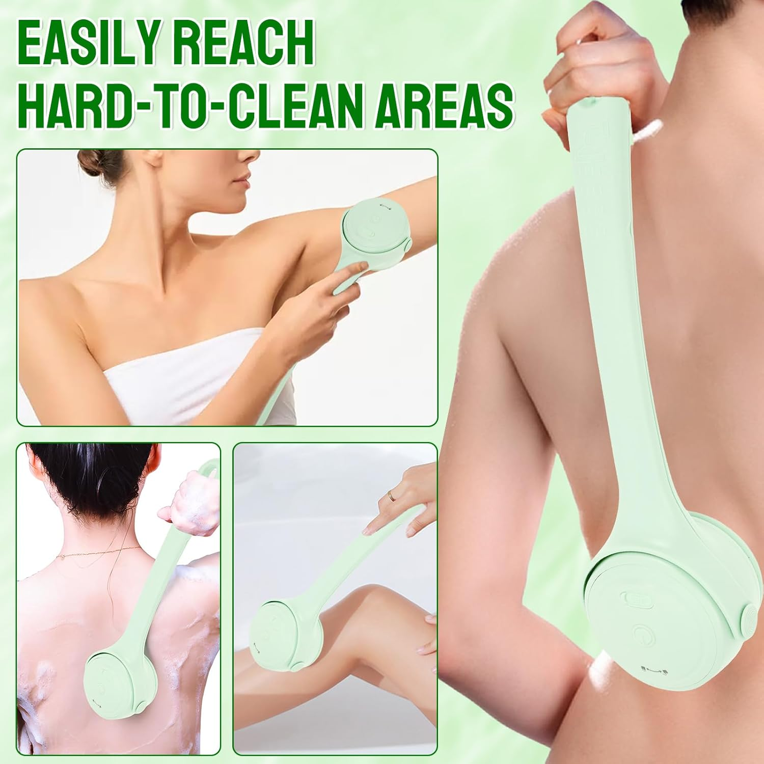 Electric Body Scrubber for Shower, 2 Handles & 4 Detachable Heads, IPX7 Waterproof, Rechargeable Deep Cleansing Body Brush, Electric Back Scrubber for All Skin Types (Green)