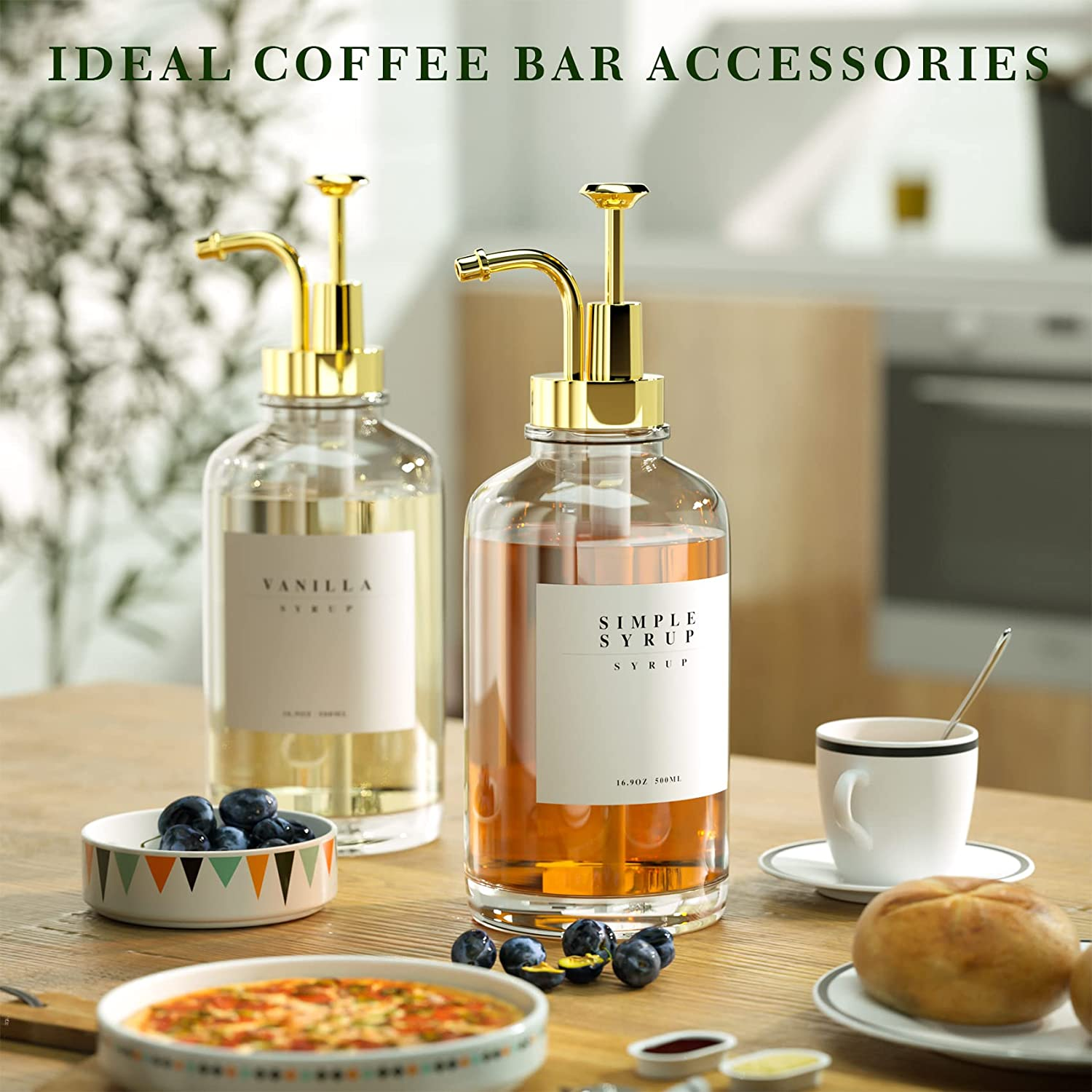 Coffee Syrup Dispenser for Bar Accessories，Coffee Pump Dispenser, Glass Syrup Bottle with Gold Pumps and 20 Labels, 16.9 Oz 500 Ml, Set of 2 - 2 Pack image number 5