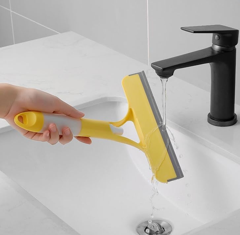 3-In-1 Window Glass Squeegee Cleaning Scraper, with Brush and Built-In Spray Bottle, Universal Household Glass, Floor, Car Screen, Bathroom Mirror Cleaning Kit Tool (Yellow)