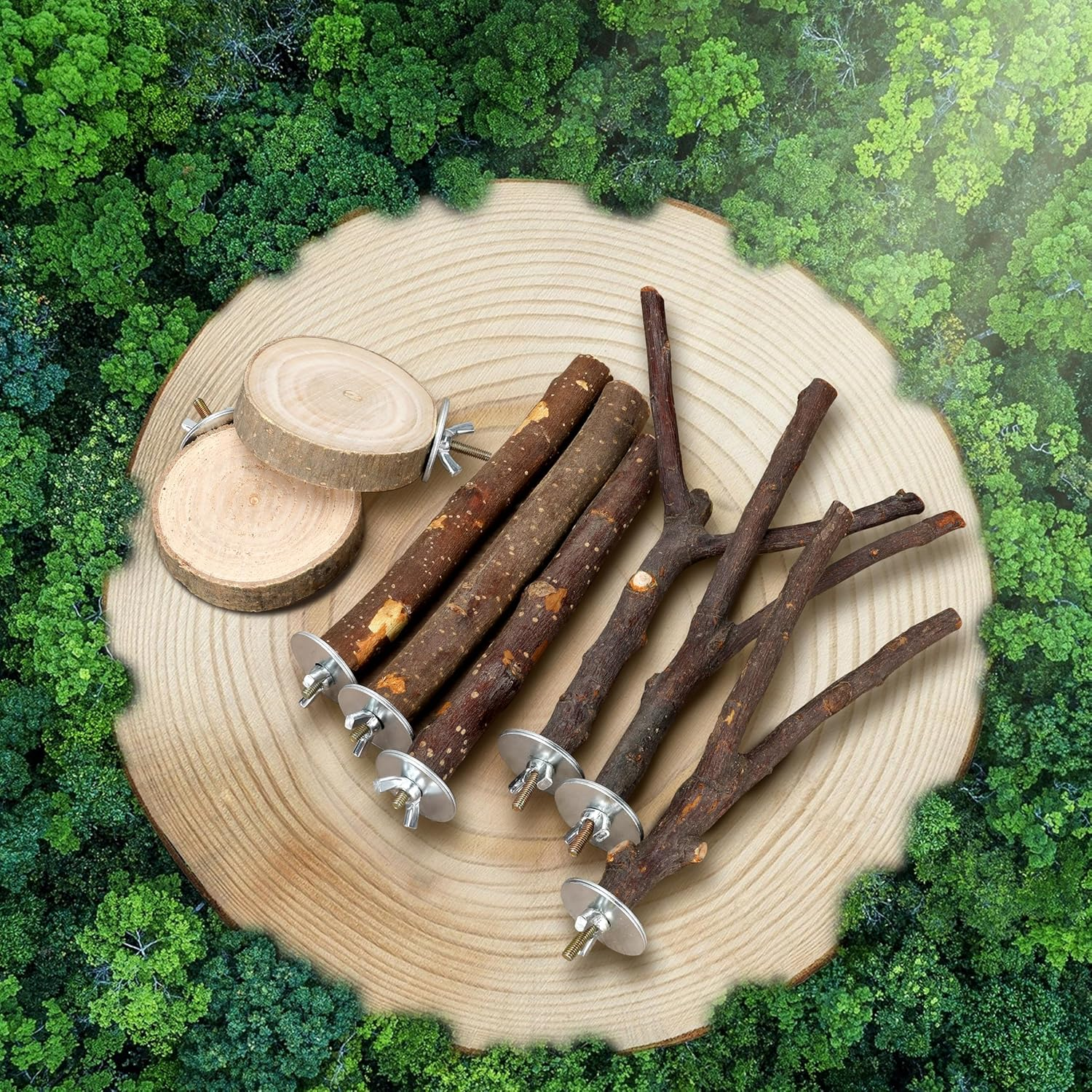 Bird Perches 9 Pack, Parakeet Toys Wooden Parrot Stand Branch, Bird Cage Accessories with Bird Feeding Cup, Bird Toys for Cockatiels Small Birds image number 6