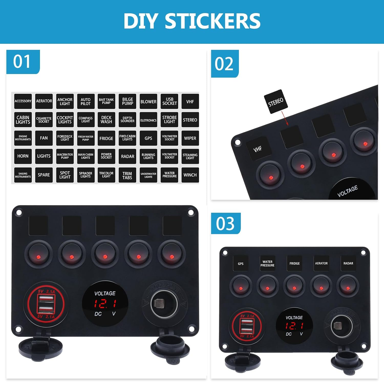 Boat 5 Gang Rocker Switch Panel for Car Rv Truck Marine Toggle Switches Waterproof 12V RED LED Aluminum Socket Panel with 4.2A Dual USB Charger + Cigarette Lighter + Voltmeter (5Gang RED)