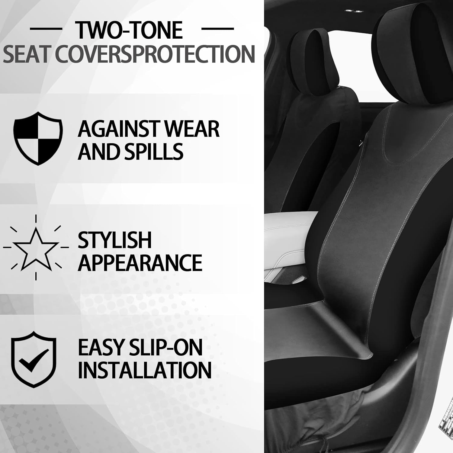 Fulmoon 17 Pcs Car Seat Cover Full Set for Women Universal Fit Front Rear Covers, Fluffy Steering Wheel Fleece Handbrake Shift Cover, Hanging Accessory Holder Ring Emblem Sticker (Black) - Beige Black image number 5