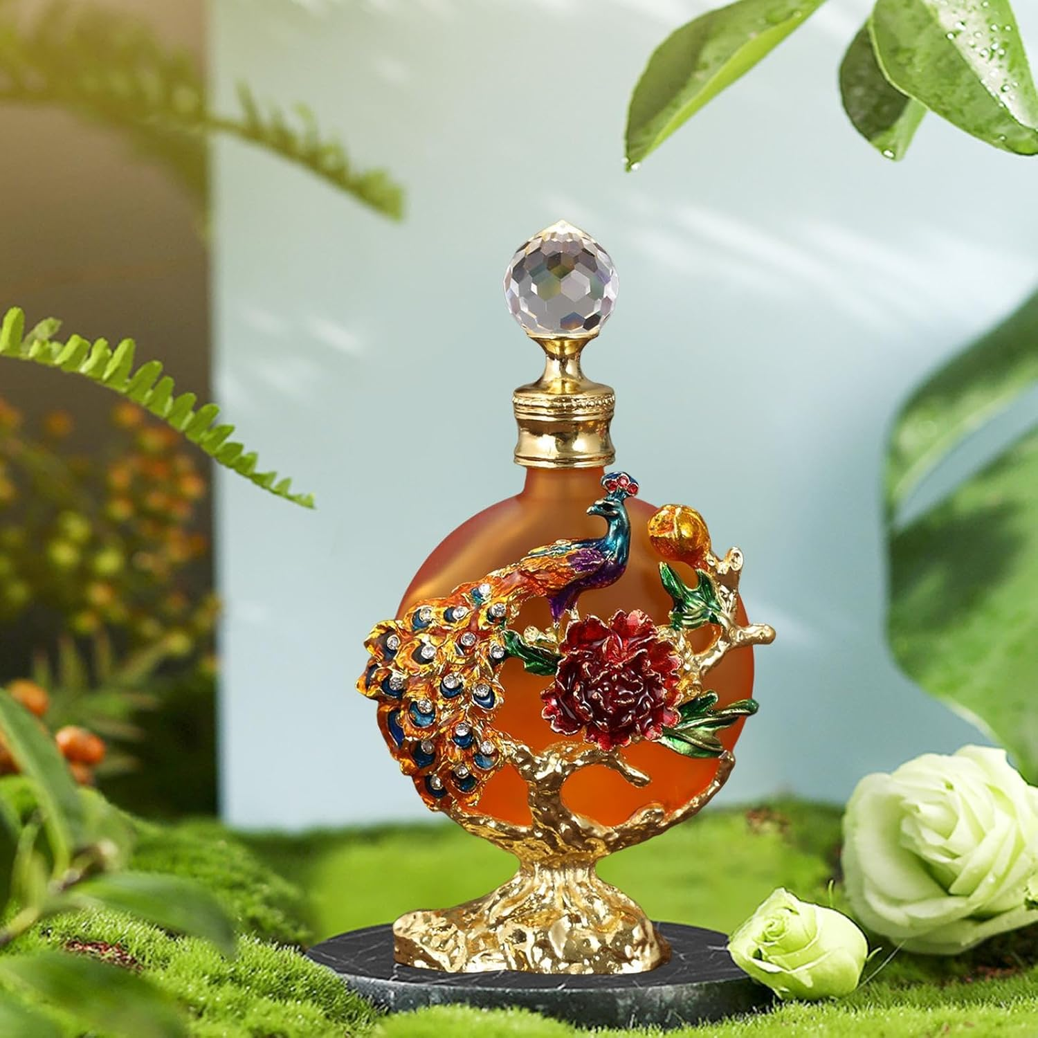 Oshhni Empty Refillable Perfume Bottle Essential Oil Bottle Luxury Portable Peacock Peony Embossed Window Display Reusable Container, Orange image number 6