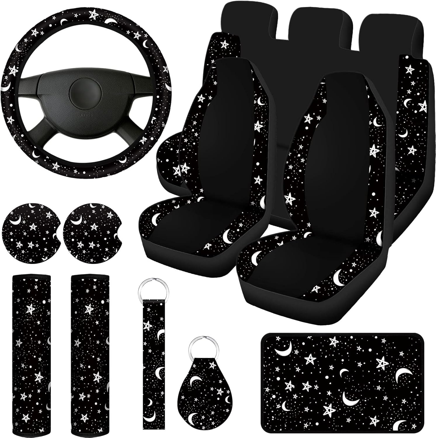 Yexiya 15 Pcs Moon and Star Car Seat Covers Print Car Accessories Full Set for Women Men Set Steering Wheel Cover Armrest Pad Seat Belt Pads Wrist Keychain Auto Interior Decor(Moon, Star) image number 6