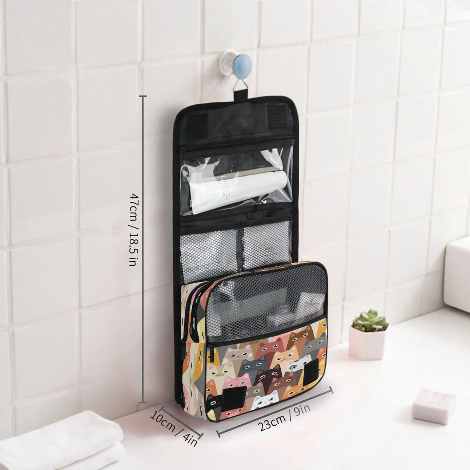 Cute Animal Cat Pattern Hanging Toiletry Bag for Women Men, Portable Makeup Bag Organizer Cosmetic Bag for Purse Pouch Waterproof Travel Essentials Large Wash Bag for Kids Girls, Multicolor, One Size image number 6