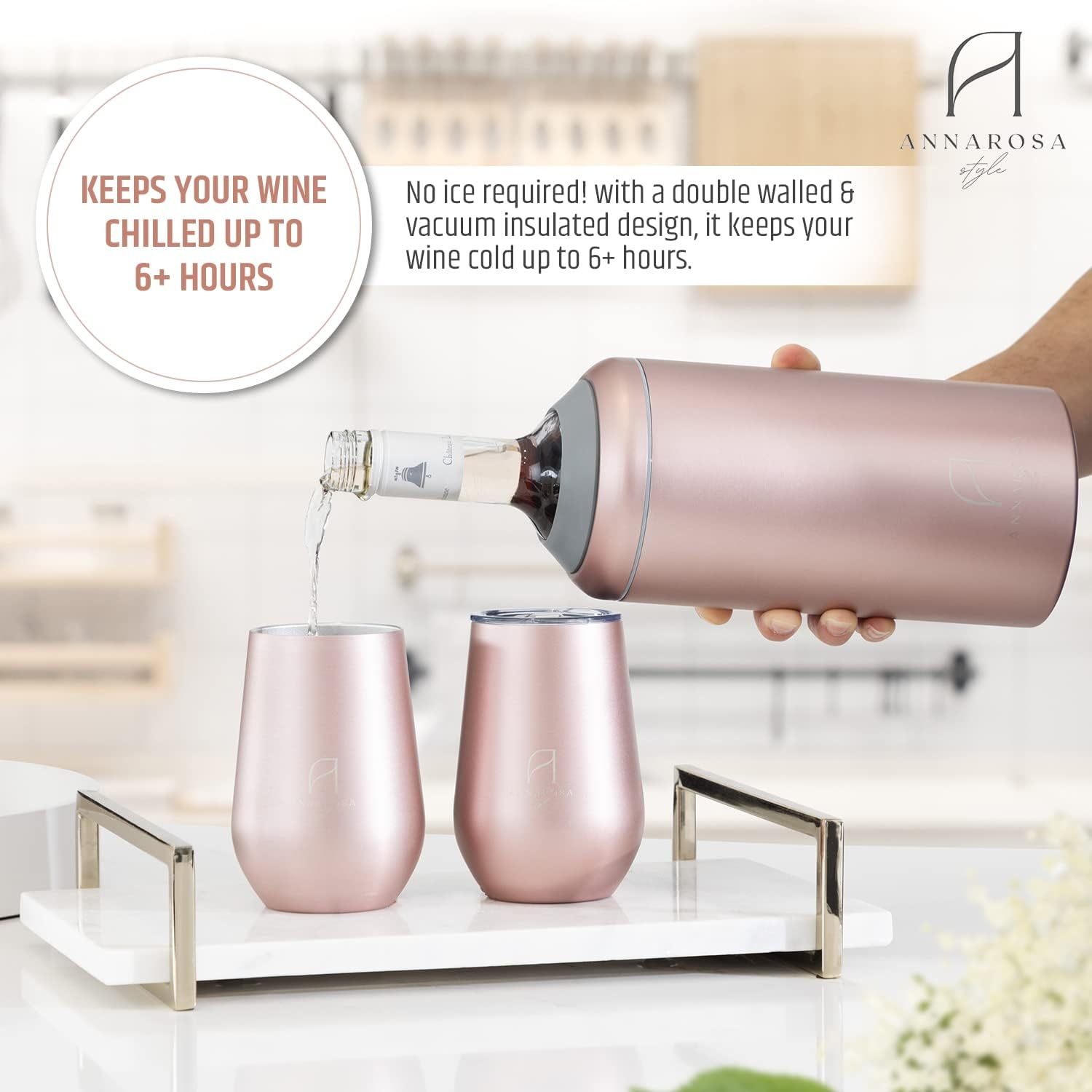 Wine Chiller Gift Set&ndash; Large Premium Iceless Cooler &ndash; Ideal for 750Ml Bottles - Insulated and Double Walled Stainless Steel Chiller and Tumblers with Spill Proof Lids