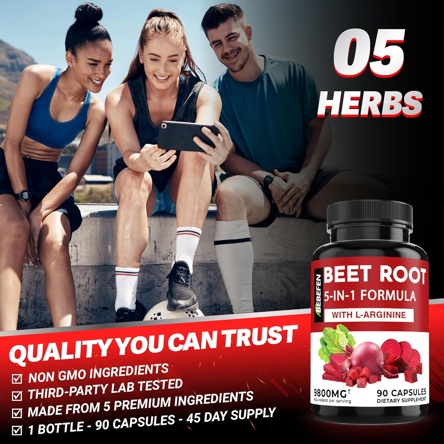 Beet Root Capsules with L-Arginine | Grape Seed | Moringa | and Ginger - 5In1 Beet Supplement - Equivalent 9800Mg per Serving - 90 Capsules image number 1