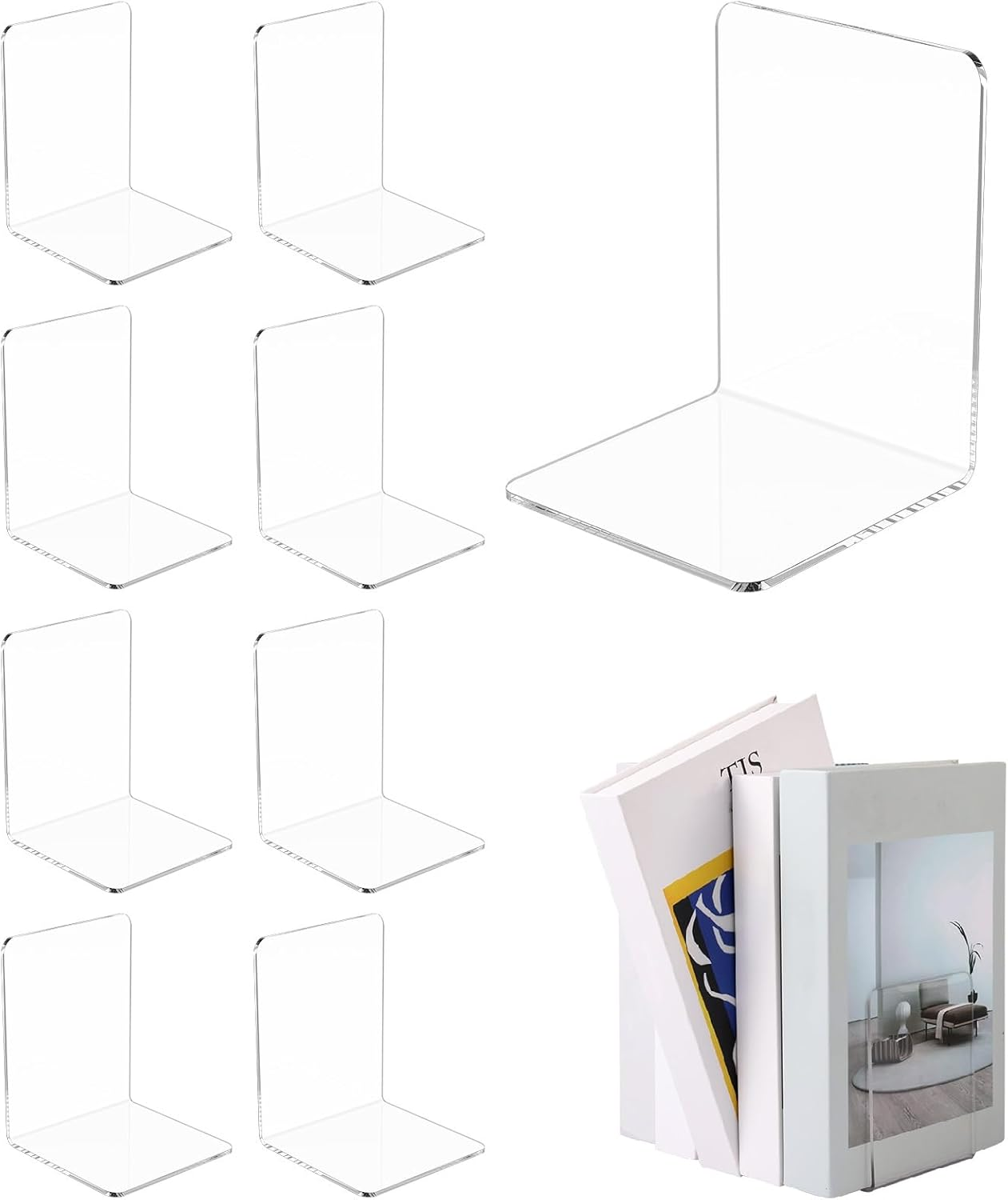 20Pcs Clear Acrylic Bookends L-Shaped Book Ends Organizer Bookshelf Decor for Bedroom Library Office School (Clear, 20Pcs)