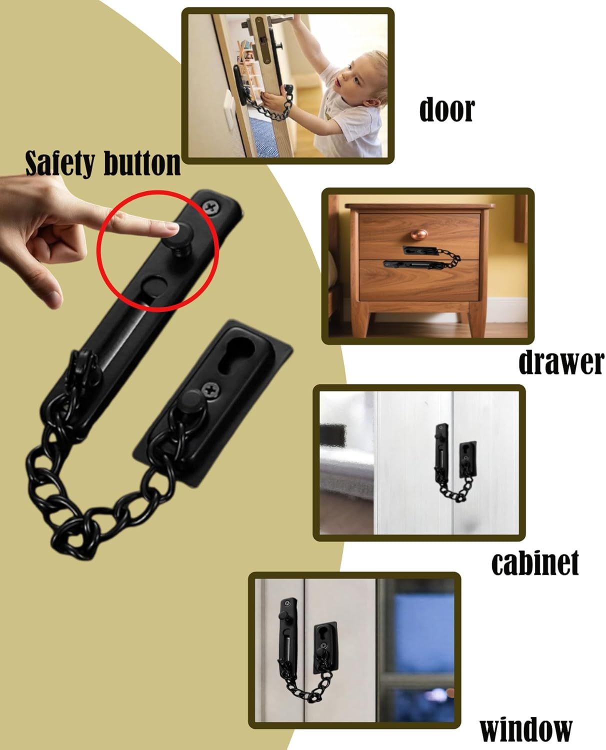 Security Door Chain Lock, Heavy - Duty Stainless Steel Door Guard with 2 Installation Methods (Screws & Glue), anti - Theft Chain for Home, Hotel, Door, Window, Drawer, Cabinet（1 Pack, Black）