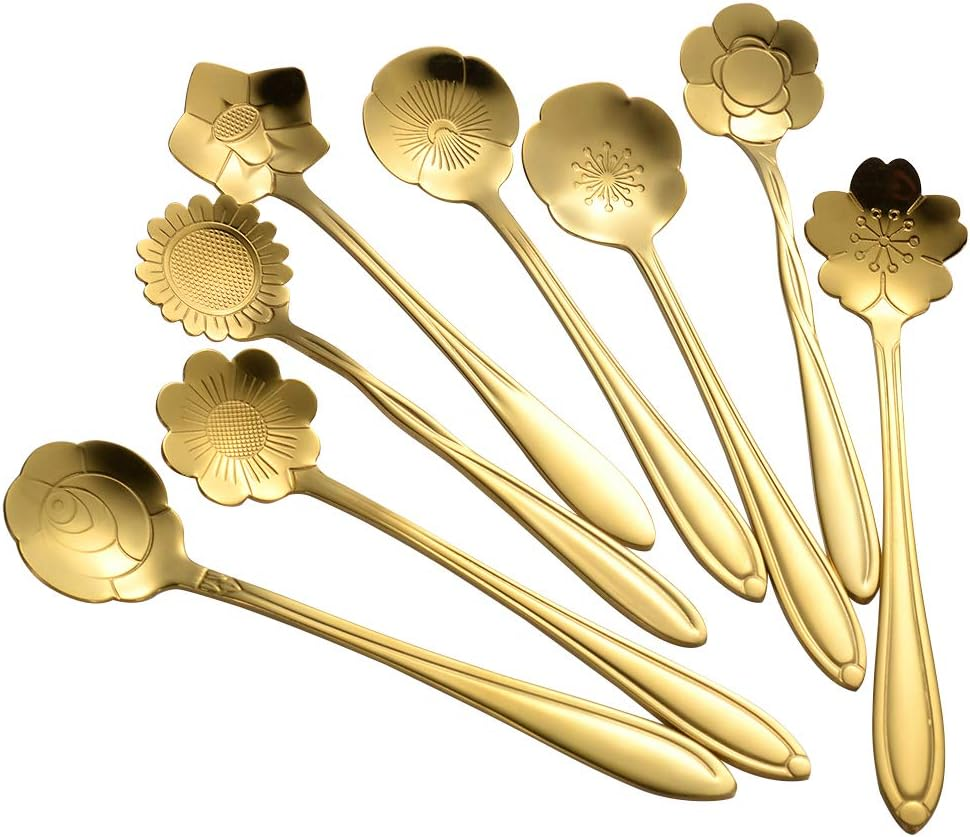 Ansaw 8 Pcs Flower Spoon Set, Stainless Steel Reusable Tea Scoops for Stirring, Coffee, Mixing, Sugar, Dessert, Cake, Ice Cream - Tableware for Tea Parties (Length: 4.9 Inch, Gold)