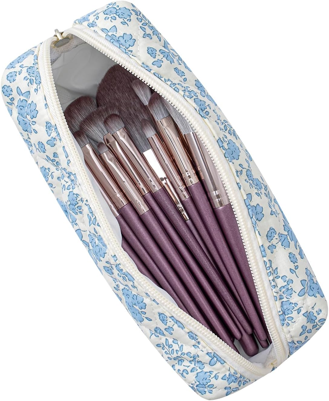 WHHJM Cute Floral Makeup Brush Bag Small Cotton Quilted Cosmetic Bag for Women Travel Toiletry Zipper Make up Pouch, Blue Floral - Blue Bowknot Rose image number 7
