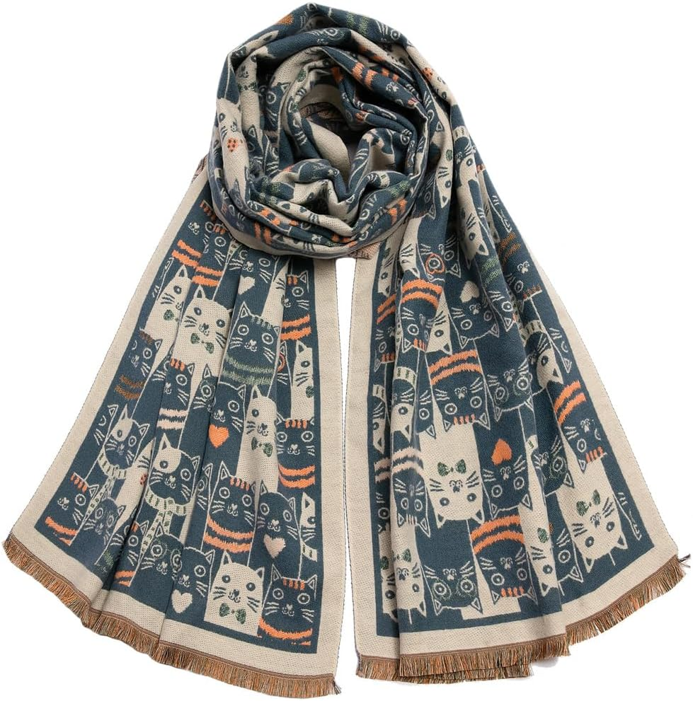 Women'S Fringed Scarf Cat Print Pattern Cape Winter Cashmere Feel Shawl Warm Wrap - Cat Black image number 6