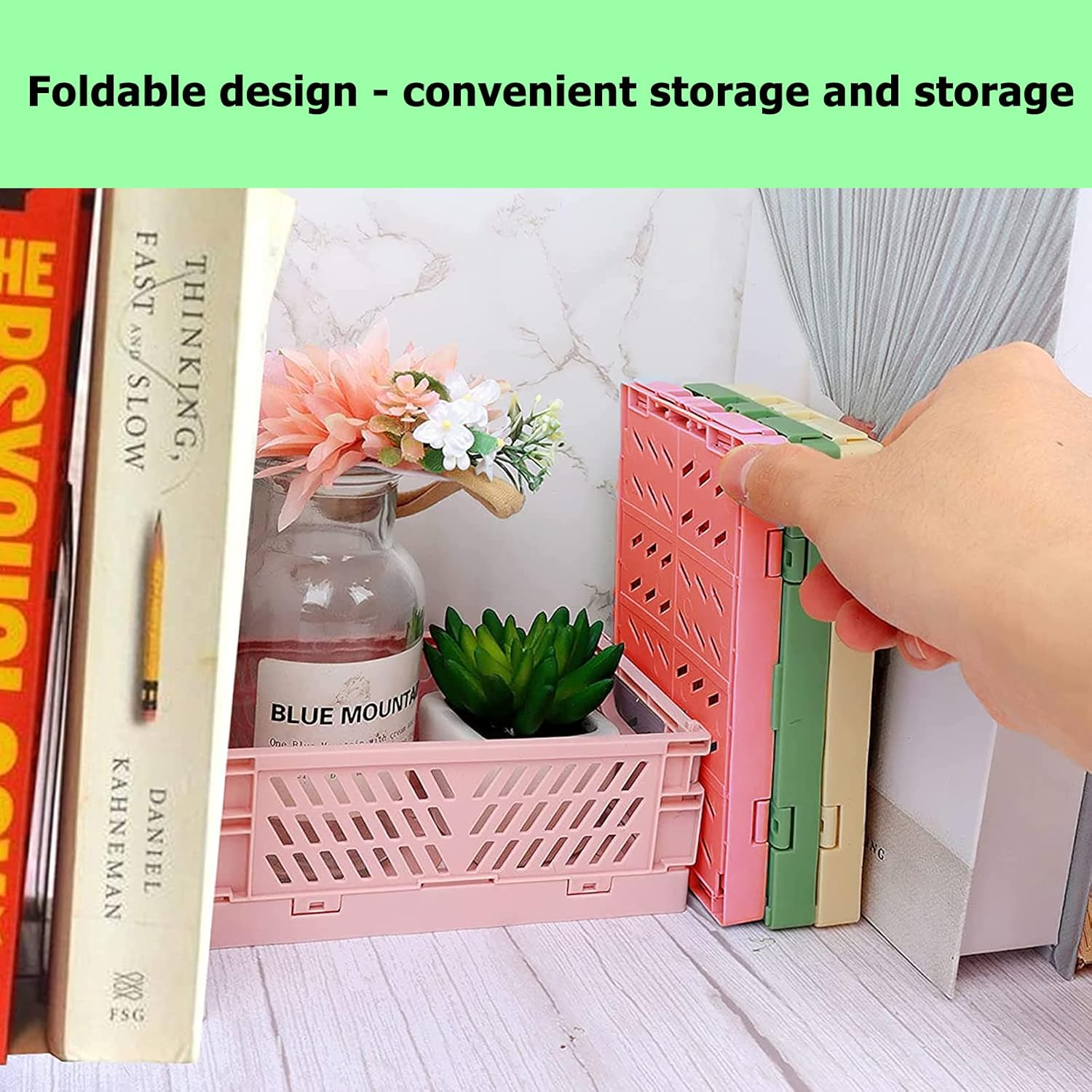 3Pcs Mini Plastic Storage Baskets (5.9X3.9X2.2In) for Shelf Organizing, Collapsible Plastic Basket for Home Kitchen, Classroom, Office, Bedroom, Cabinet Storage image number 2