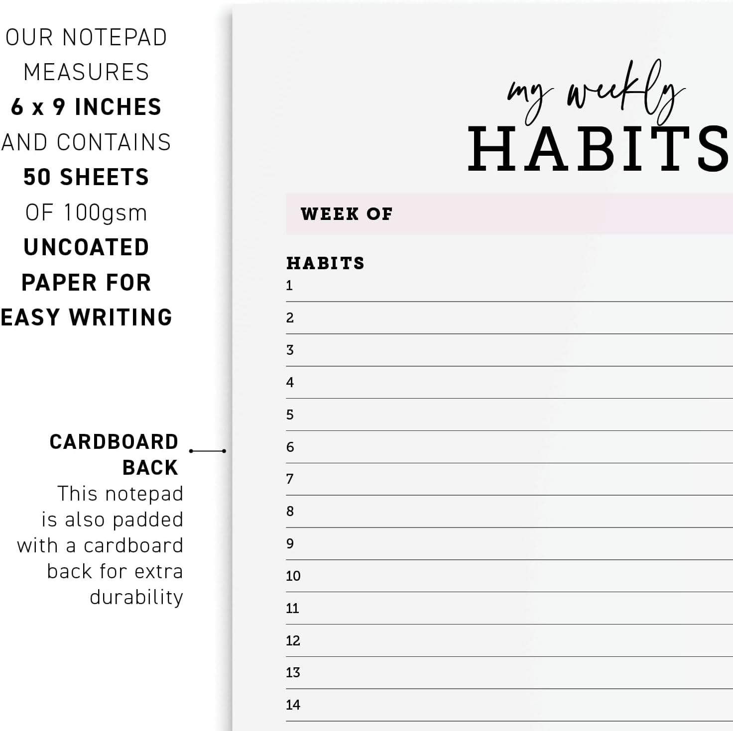 CARDAMONOLY Habit Tracker Notepad in Black and Light Pink- 50 Page Tear off Planning Pad - 6 X 9 - High Performance Planner - Chore Chart for Adults - Weekly Planner Undated - Self Care Planner image number 5