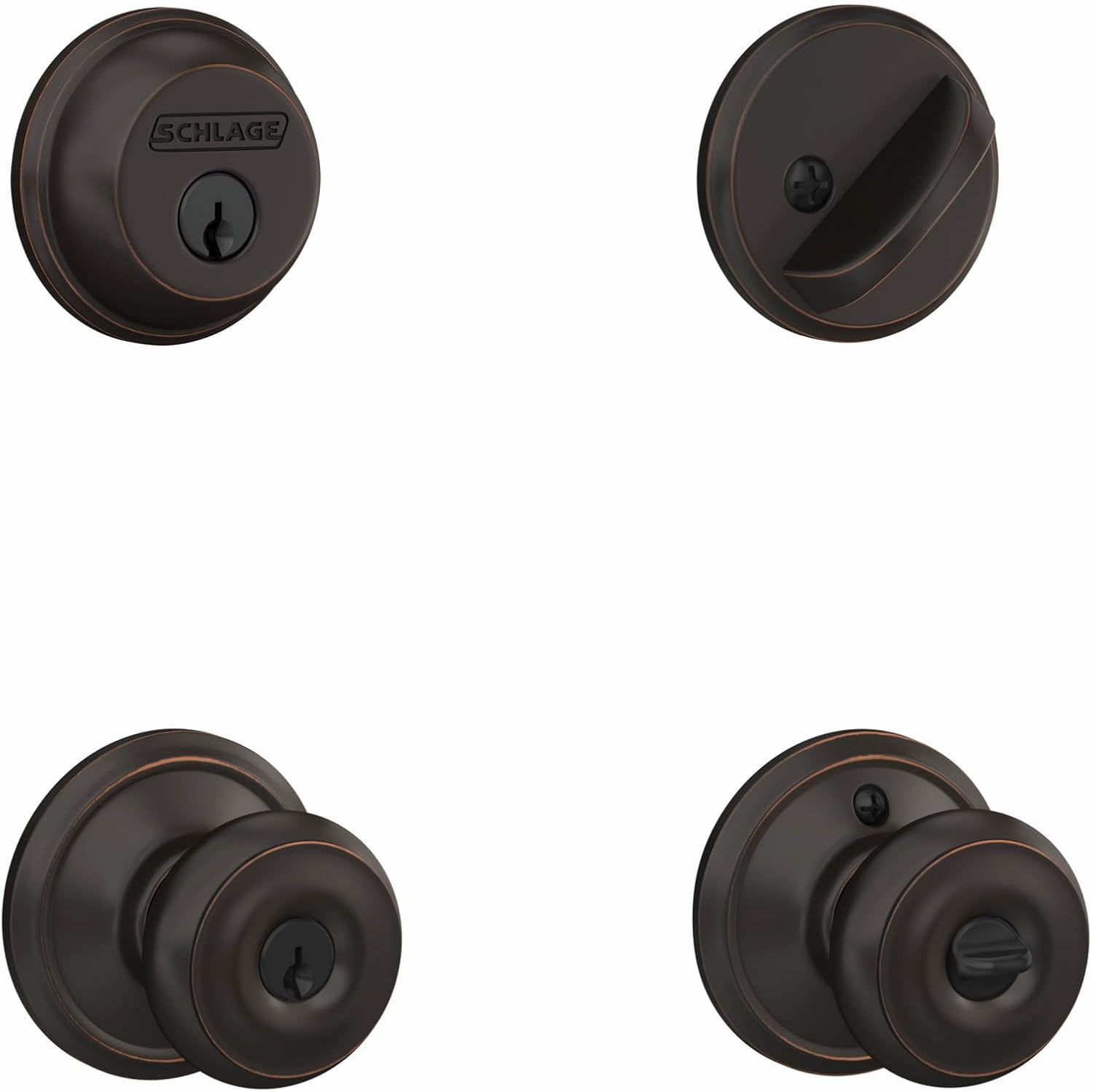 Schlage FB50N V GEO 716 B60 Single Cylinder Deadbolt and F51 Keyed Entry Georgian Knob Keyed Alike, Aged Bronze Finish - Satin Nickel image number 3