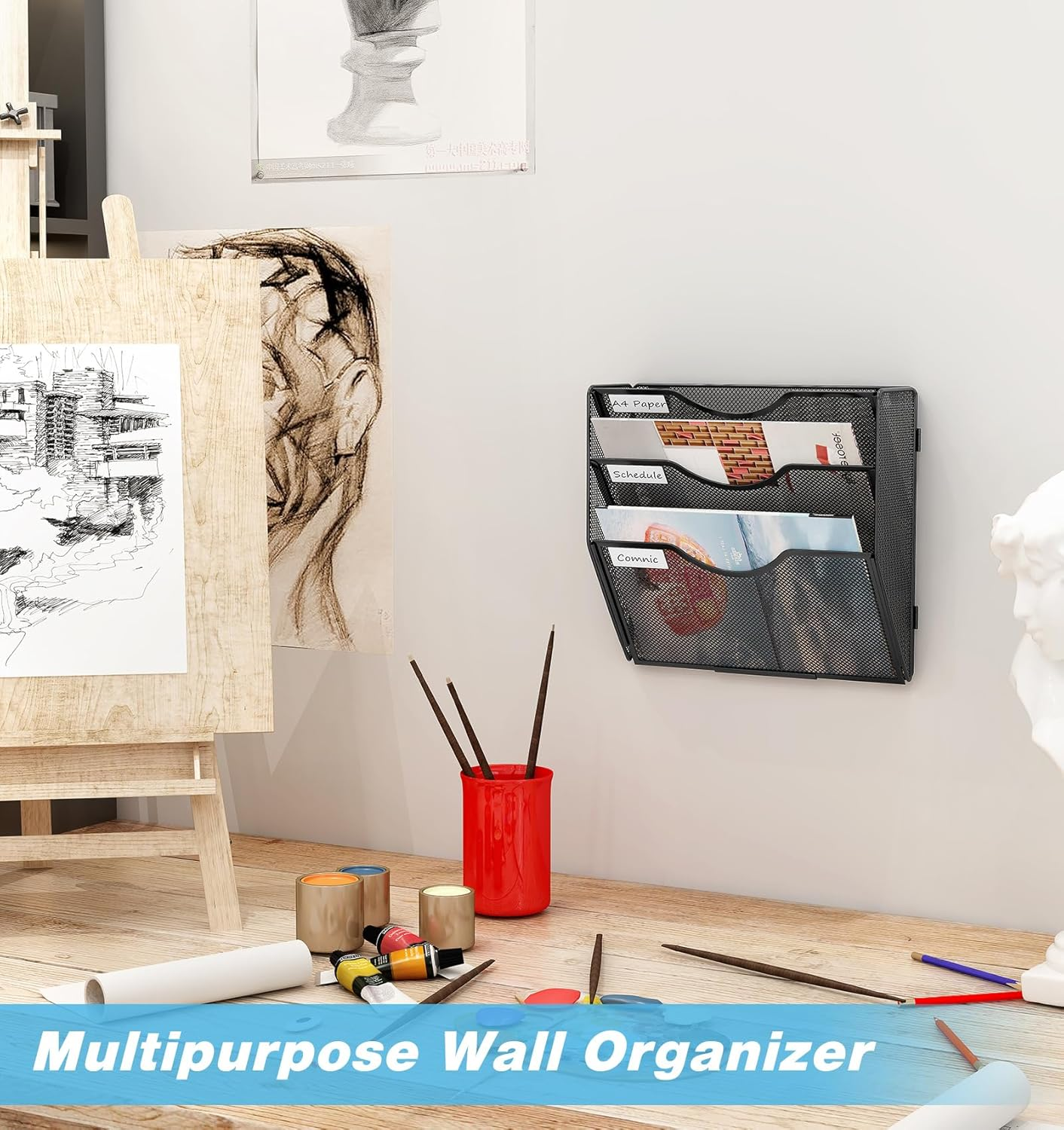 Solinxe Wall Hanging File Holder 3 Tier Wall Mounted Paper Organizer Magazine File Holder Storage Organizer, Black image number 4