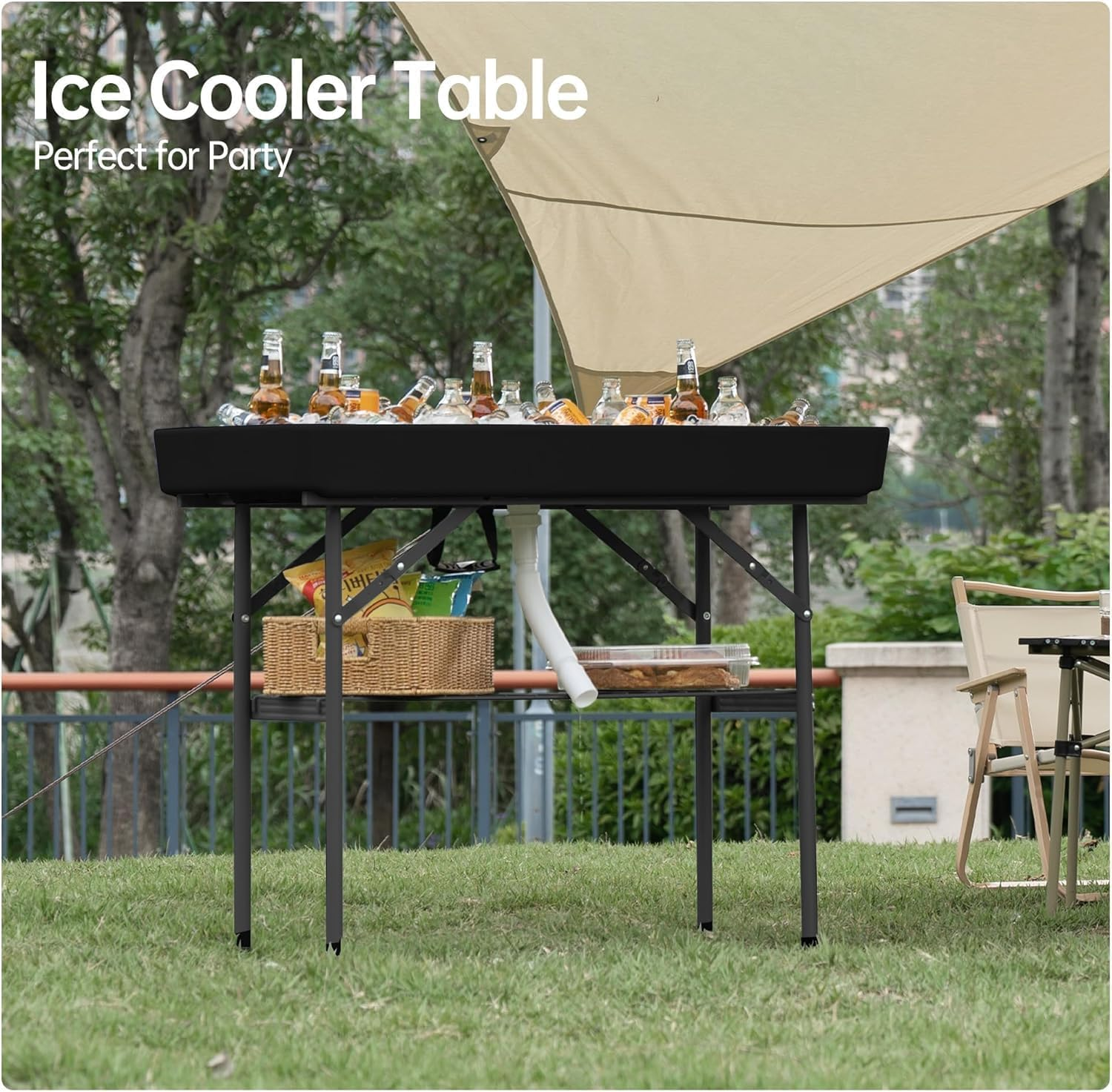 Outdoor Ice Cooler Folding Table, Portable Tailgate Camping Fishing Cleaning Table, Plastic with Matching Skirt, Ice Table for Party, BBQ, Camp, Picnic, Wedding (Black) image number 4