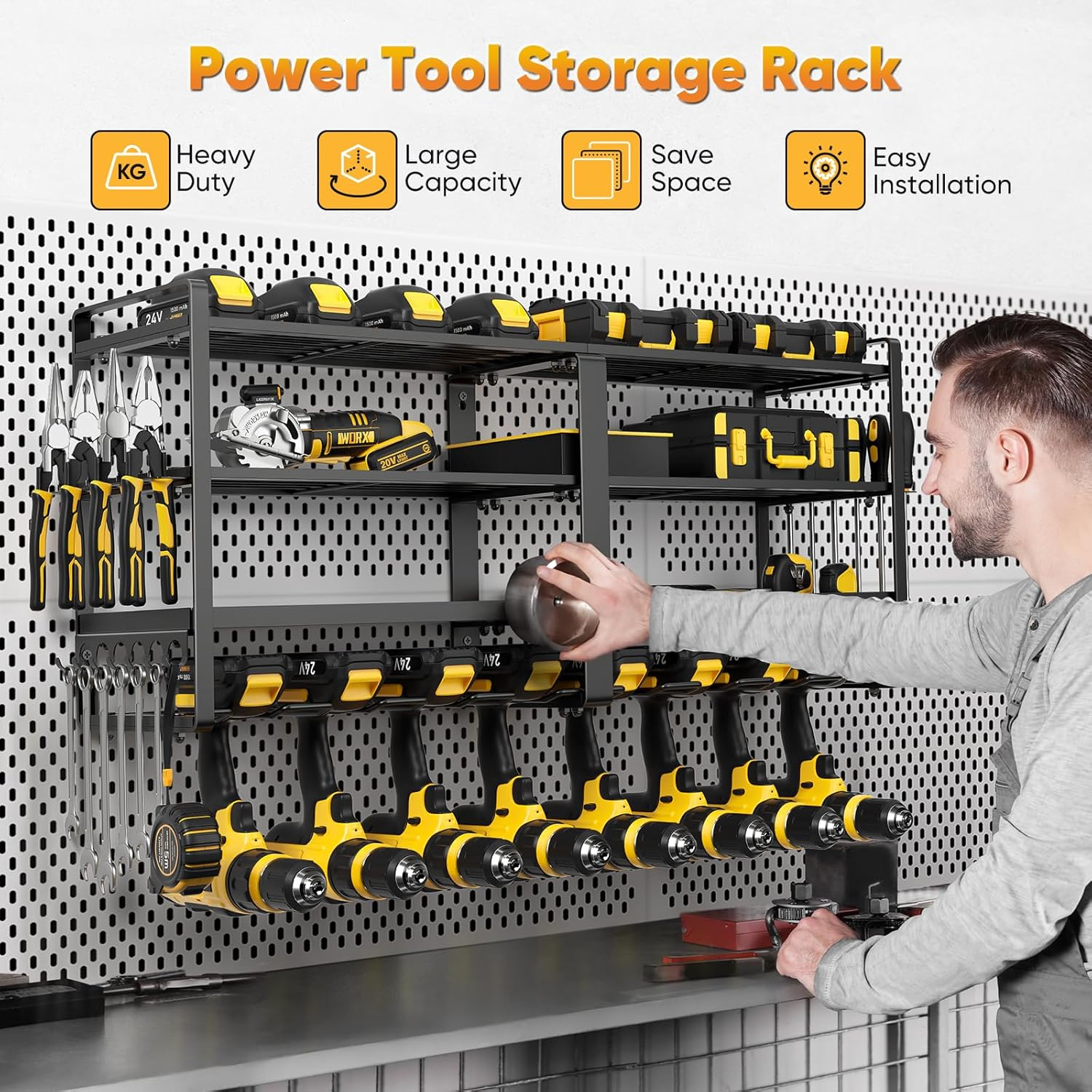 POKIPO Power Tool Organizer Wall Mount, Extended Large Heavy Duty 8 Drill Holder, 4 Layer Garage Tool Organizer and Storage, Utility Racks Suitable for Workshop, Garage Cordless Drill image number 1