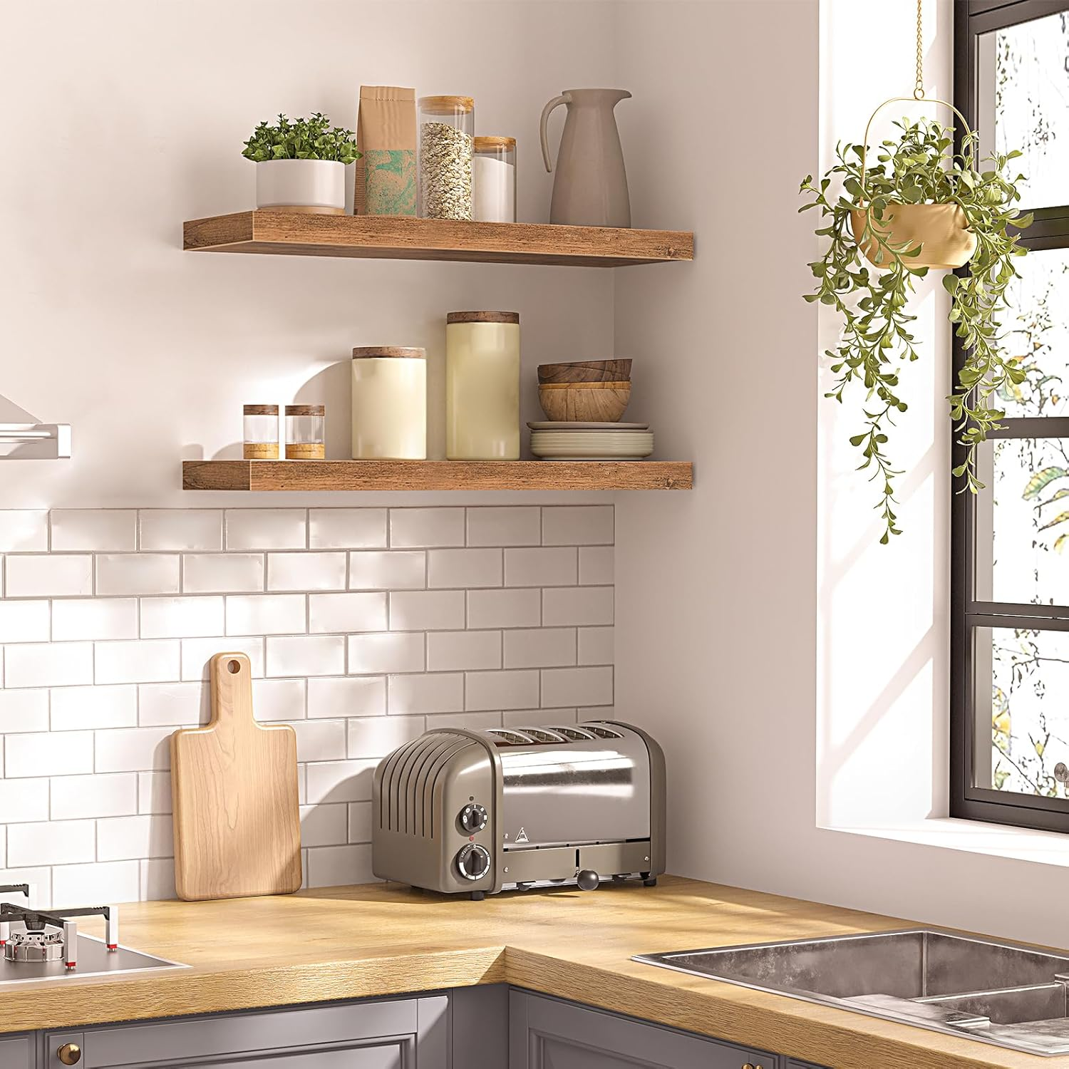 HOOBRO Floating Shelves, Wall Shelf Set of 2, 23.6 Inch Hanging Shelf with Invisible Brackets, for Wall in Bathroom, Bedroom, Toilet, Kitchen, Living Room, Office, Rustic Brown BF60BJ01 image number 5