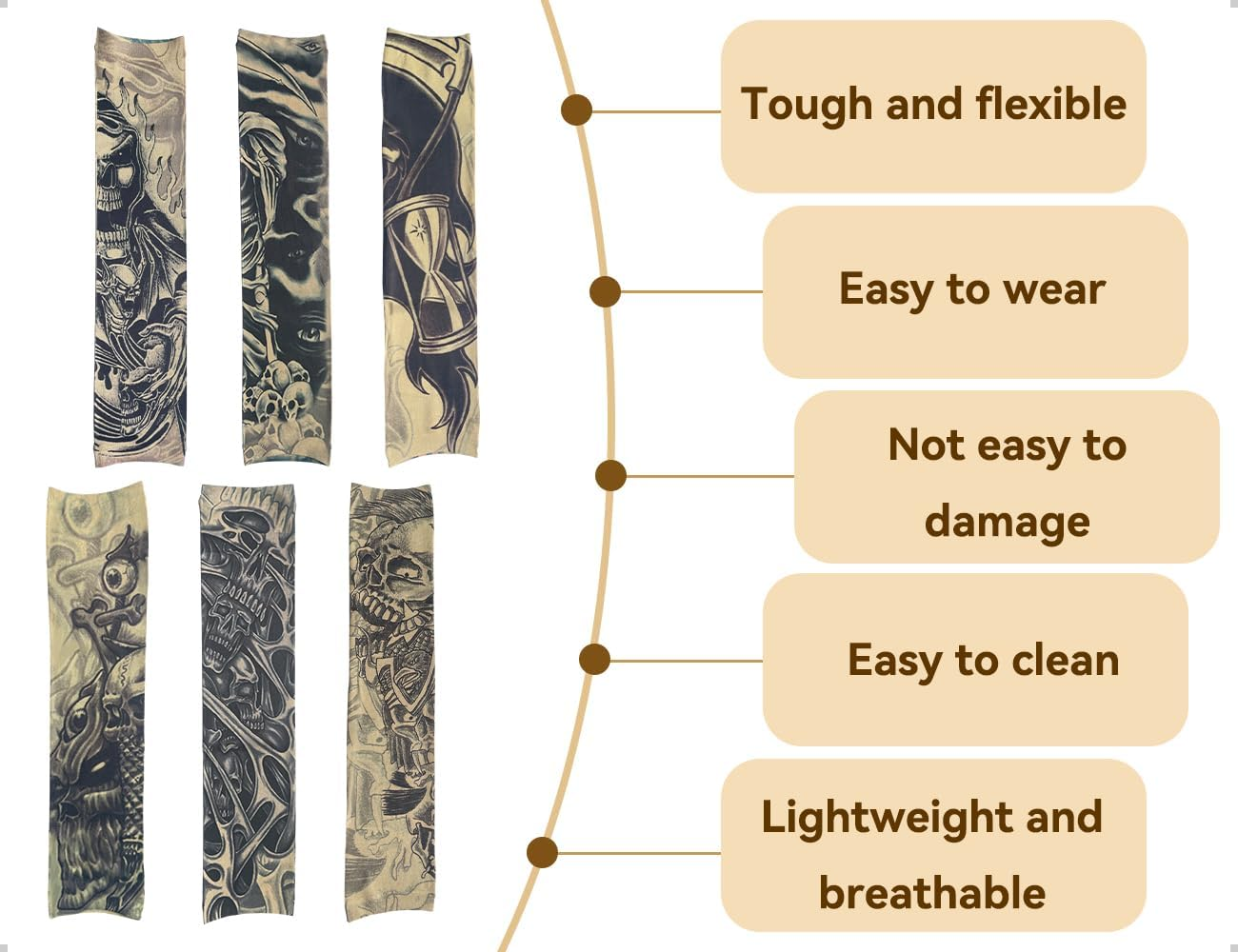 Emezddo Set of 6 Tattoo Sleeves Set, Fake Sun Cream Tattoo Arm Stockings, Used for Men Women Carnival Party Festive Costumes Stage Performances image number 6