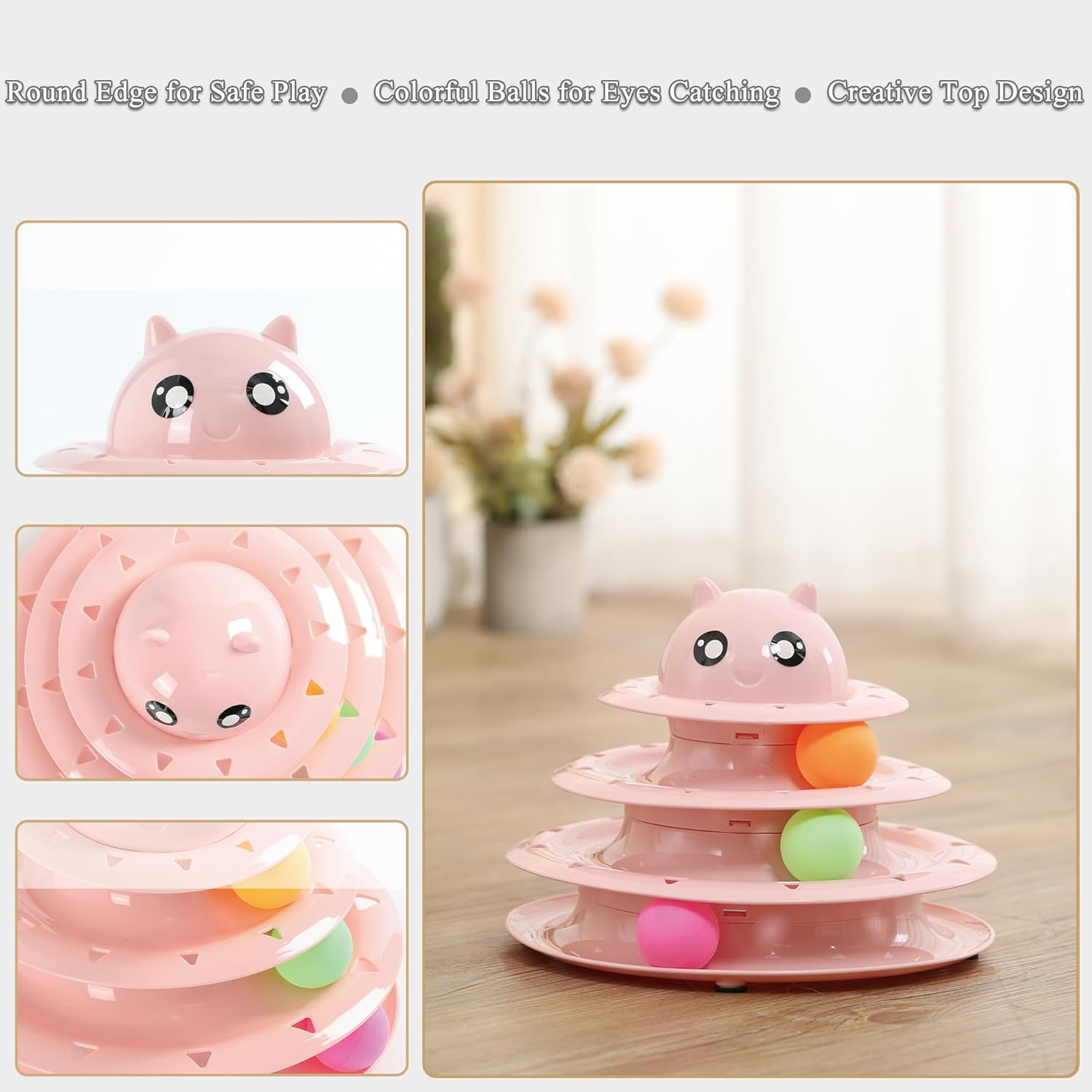 Vealind Pet Interactive Fun Roller Exerciser 3 Level Tower of Tracks Cat Teaser Ball Toy(Pink)