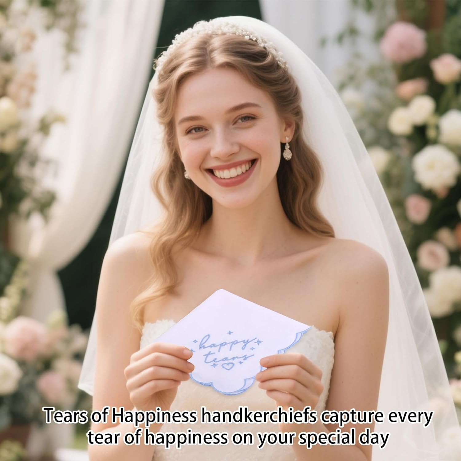 Fukaisu Happy Tears Embroidered Handkerchief, 10X10In/25X25Cm Bridal Handkerchief with Blue Embroidered Scalloped Edges and Hearts image number 5