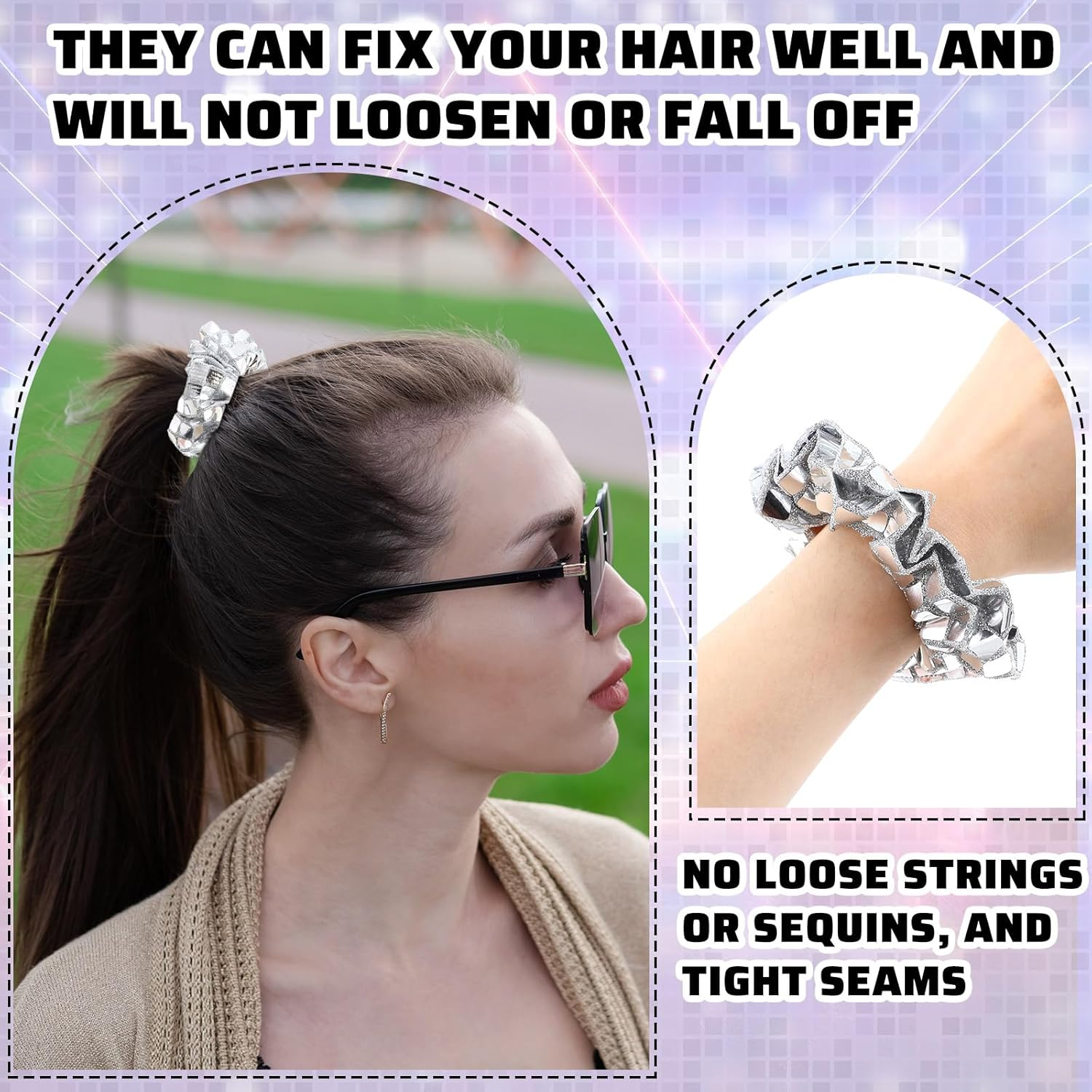 Lyrow 24 Pcs Disco Ball Sequin Hair Scrunchies Last Disco Bachelorette Party Favors Silver Metallic Hair Bobbles Elastics Ponytail Holders Mirror Disco Ball Retro 70S 80S 90S Disco Party Bridal Shower image number 4