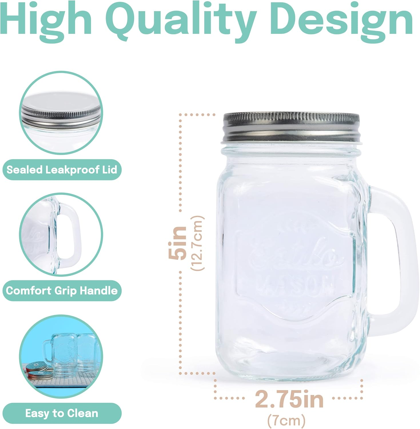 Estilo Mason Jar Mugs with Handles Old Fashioned Drinking Glass Set 6, 16 Oz Each image number 4