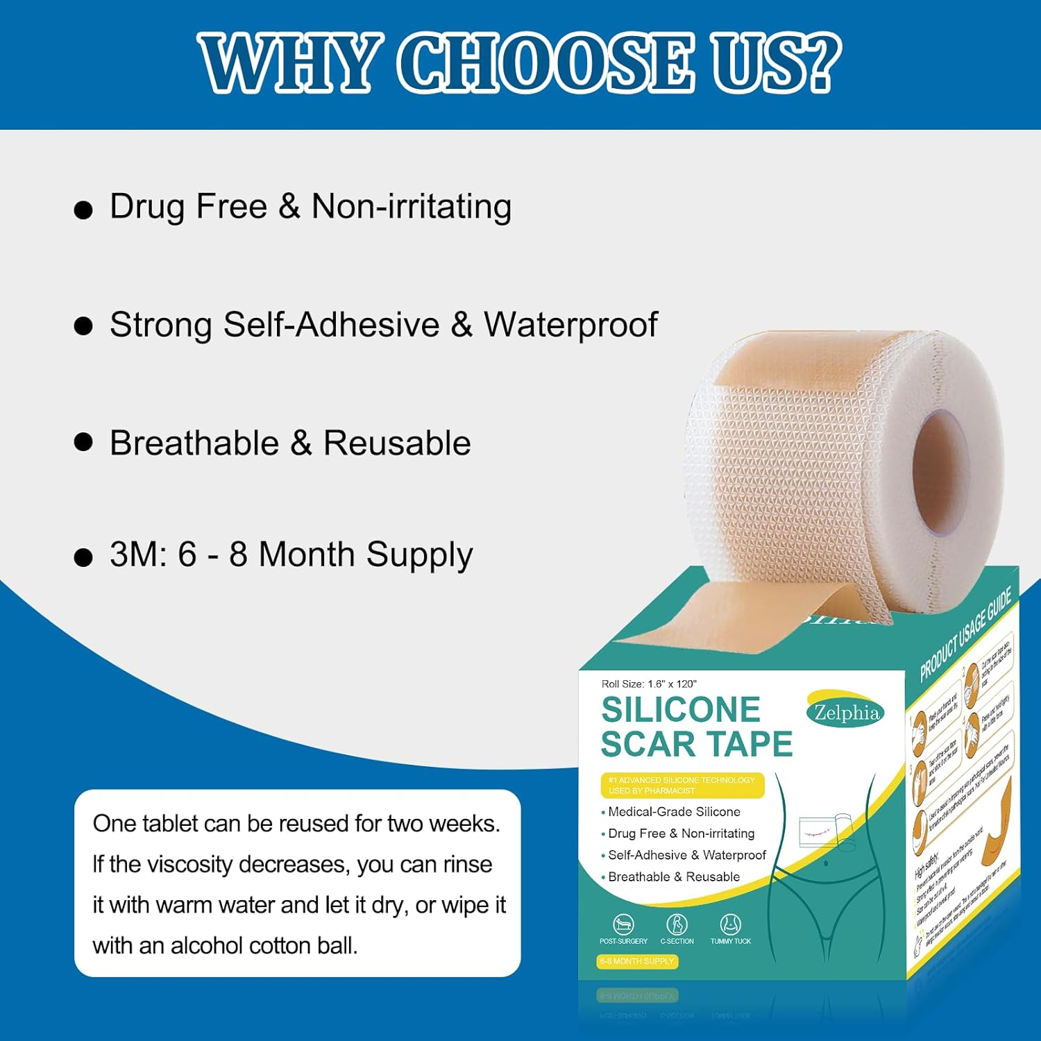 Silicone Scar Tape(3M - 1.6'' X 120''Roll) - Scar Removal Soft Silicone Scar Sheets Strips- Medical Grade, Reusable Gel Scar Tape for Keloid Surgery, C-Section, Acne and Burn image number 6