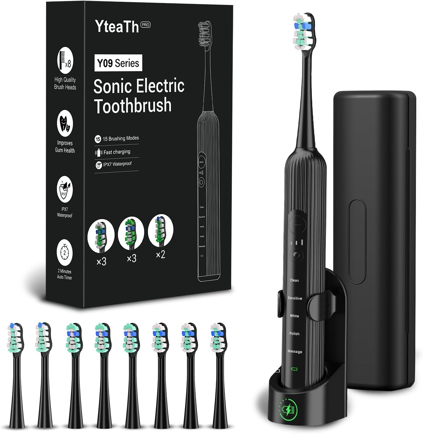 Electric Sonic Toothbrush for Adults & Children, 5 Cleaning Modes with 3 Intensity Levels, Timer, 8 Replacement Brush Heads & Travel Case, Rechargeable Sonic Toothbrush, Black image number 5