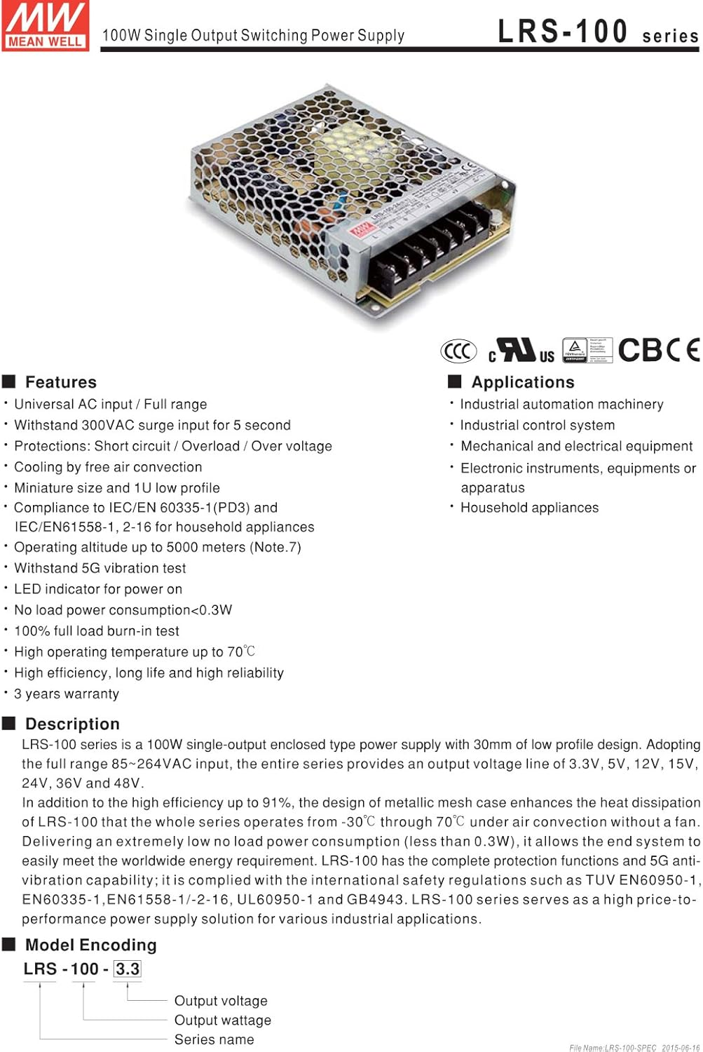 Mean Well LRS-100-5 AC Power Supply Block, Closed 18A 90W 5V/DC image number 5