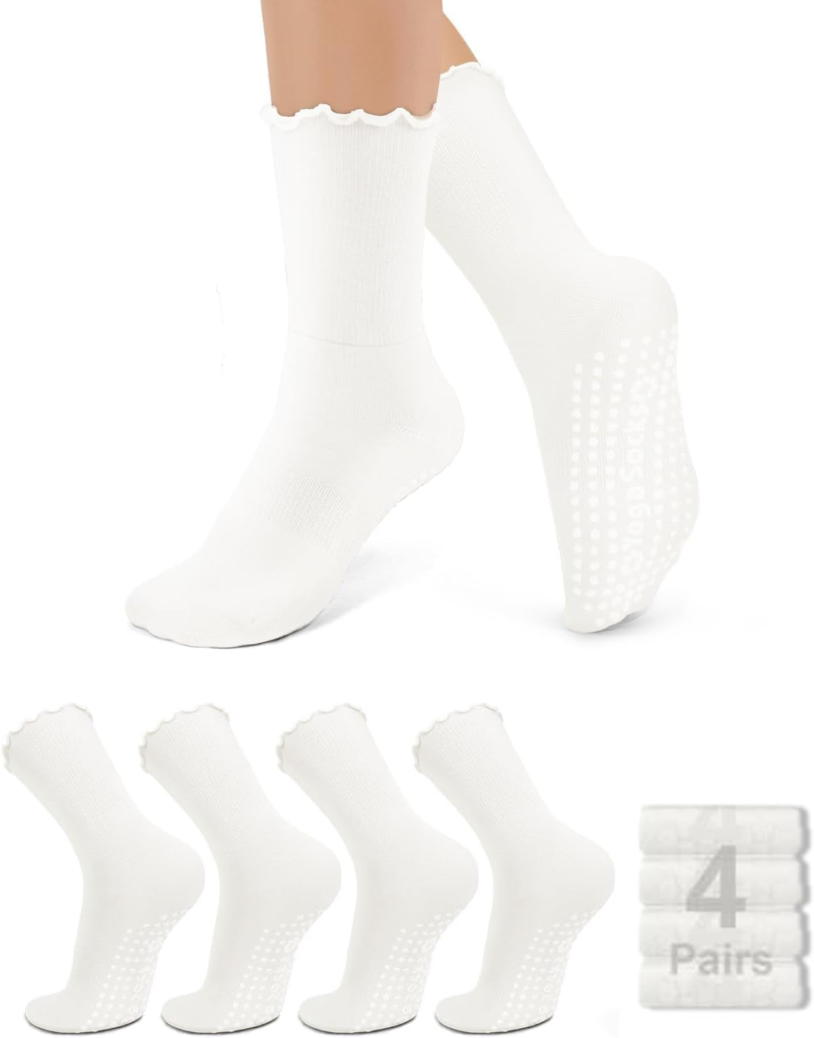 ZANZER Pilates Women'S Yoga Socks with Non-Slip Grip, Ruffle Swivel Cuff & Crew Design - Anti-Skid Workout Socks