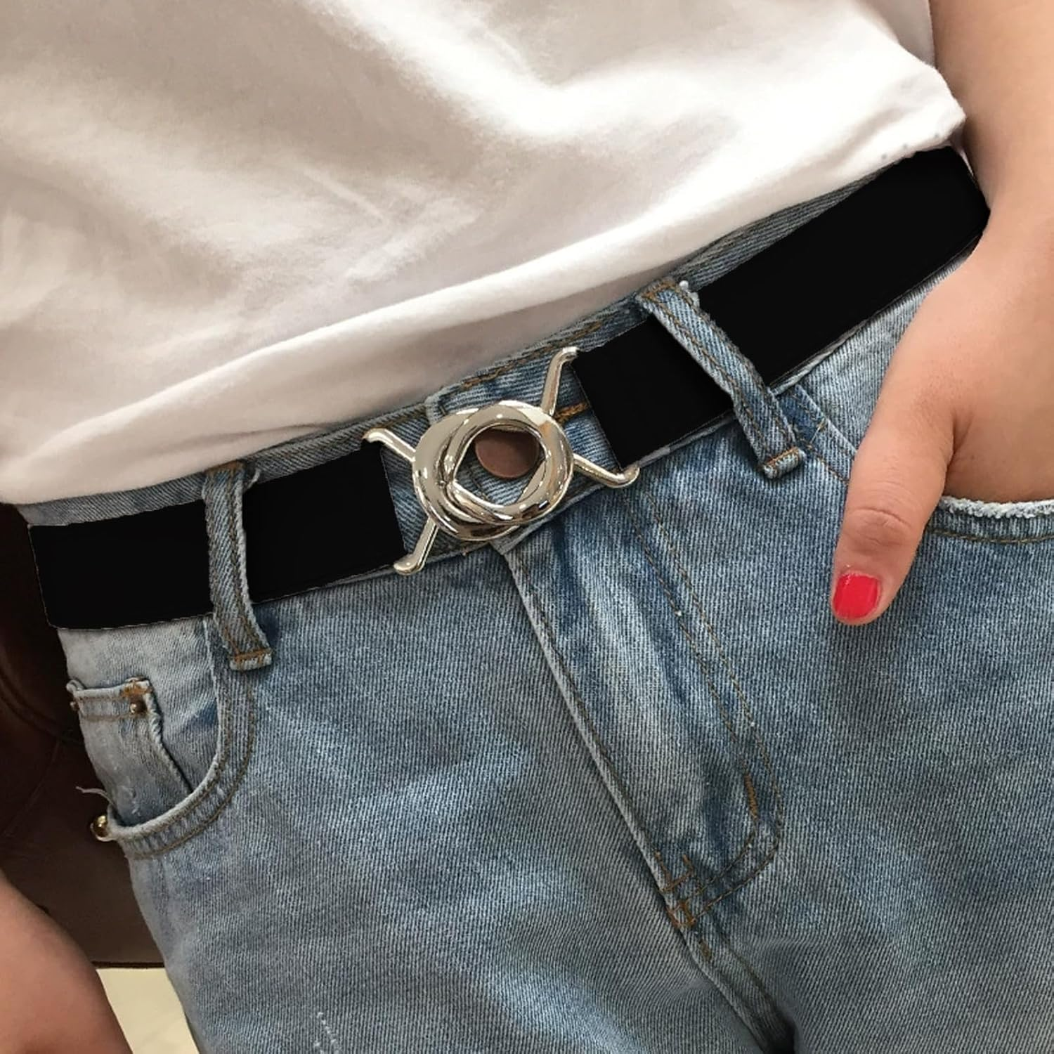 Ladies Elasticated Belt for Women, Black Stretch Belts for Women Jeans, Adjustable Stretch Elastic Waist Belt Women, No Show Stretch Thin Belt for Dress Jeans, Skinny Waist Belt Simple Style, image number 1
