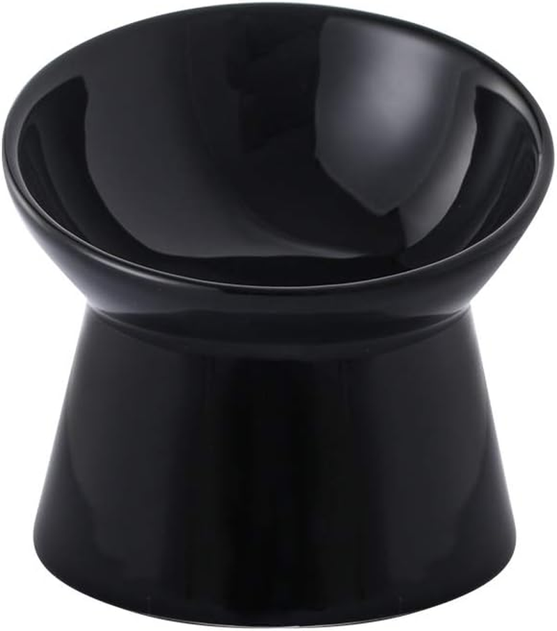 Black Small Ceramic Raised Cat Bowls, Tilted Elevated Food or Water Bowls, Stress Free, Backflow Prevention, Dishwasher and Microwave Safe, Lead & Cadmium Free