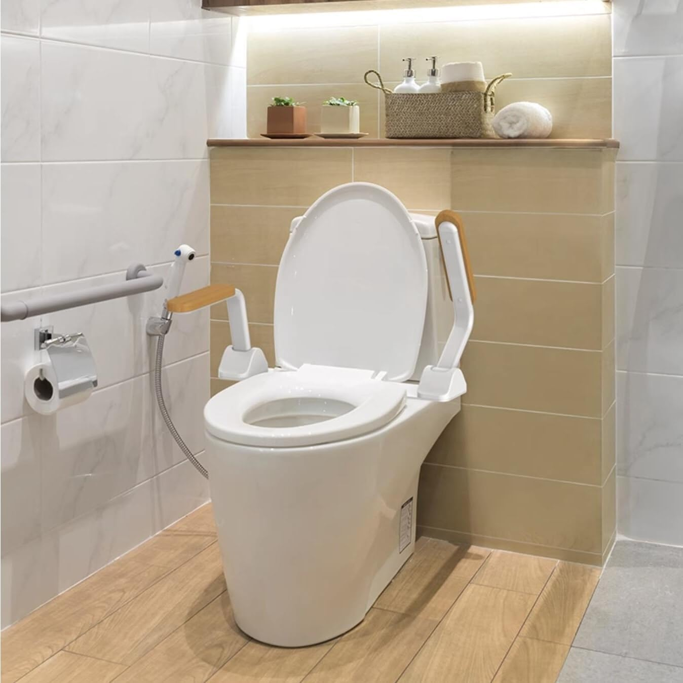 YUET Toilet Safety Rails for Elderly with Flip up Non-Slip Wooden Armrest Handles, 520Lbs Heavy Duty Toilet Safety Support Frame, Toilet Assist Devices for Seniors, Handicap, Disabled, Standing Aid image number 6