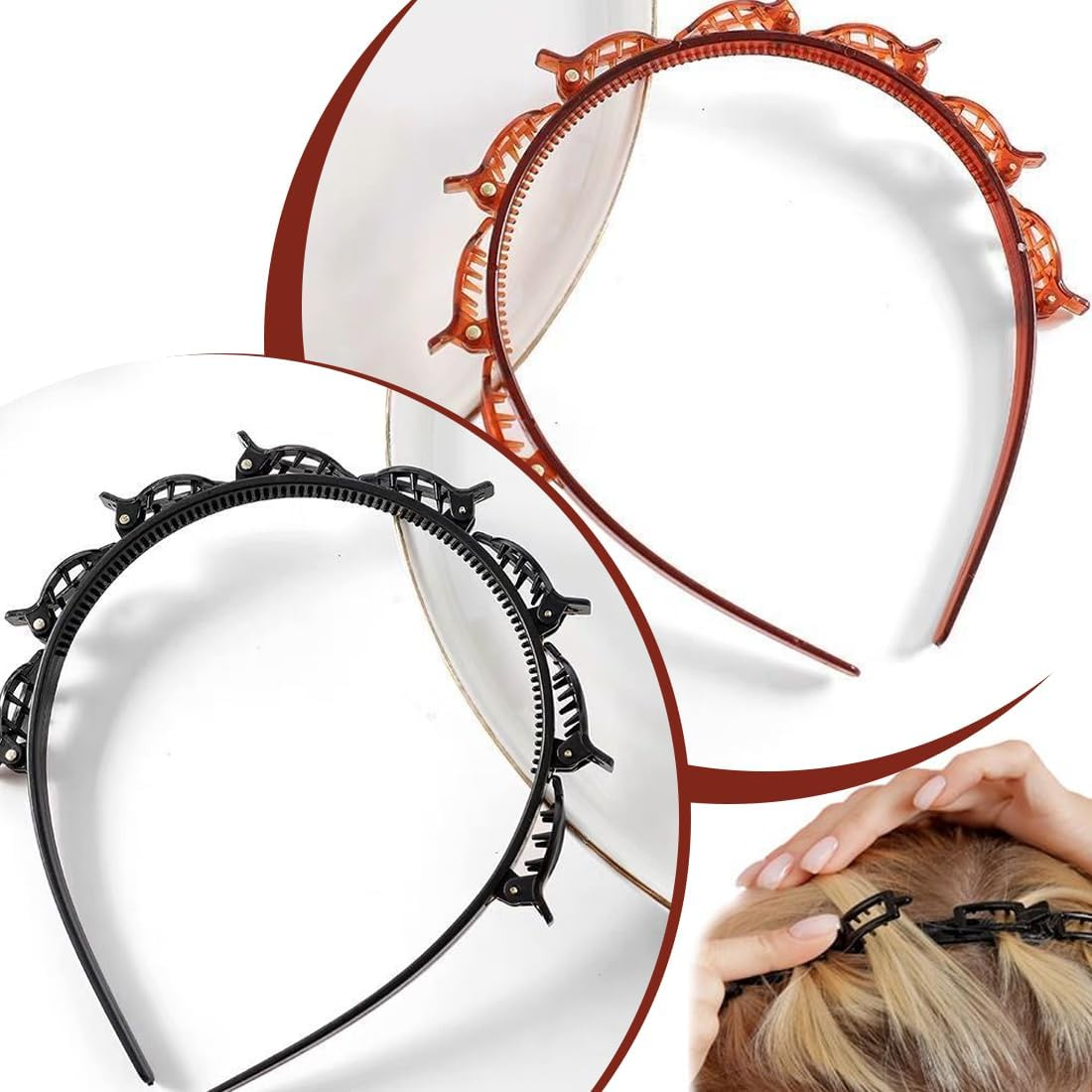 ZORVUJI Pack of 2 Hair Twister Headbands, Double Bangs Hairstyle Hairpin, Headband with Clips, Double Bang Hairstyle Hairpin, Headband with Teeth for Women image number 3